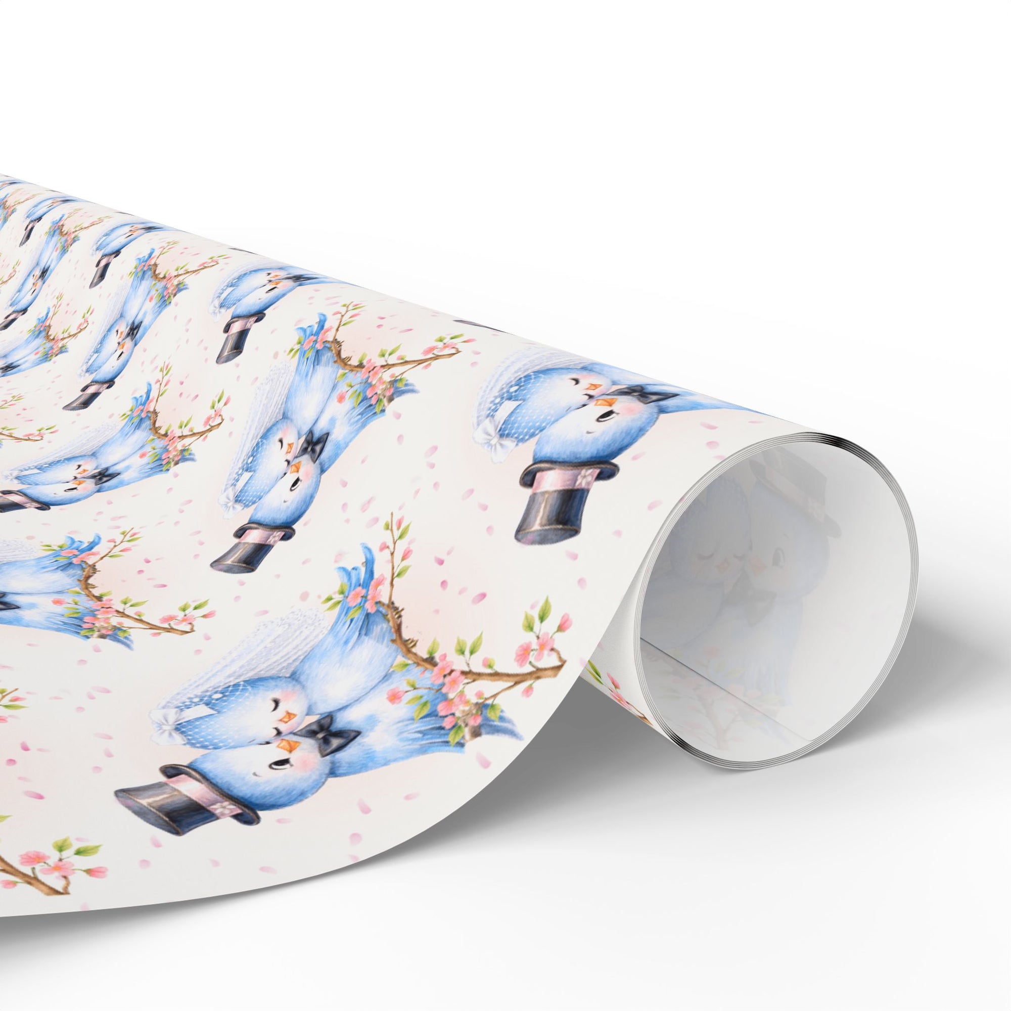 Roll of wedding wrapping paper with bluebird bride and groom on a light background.