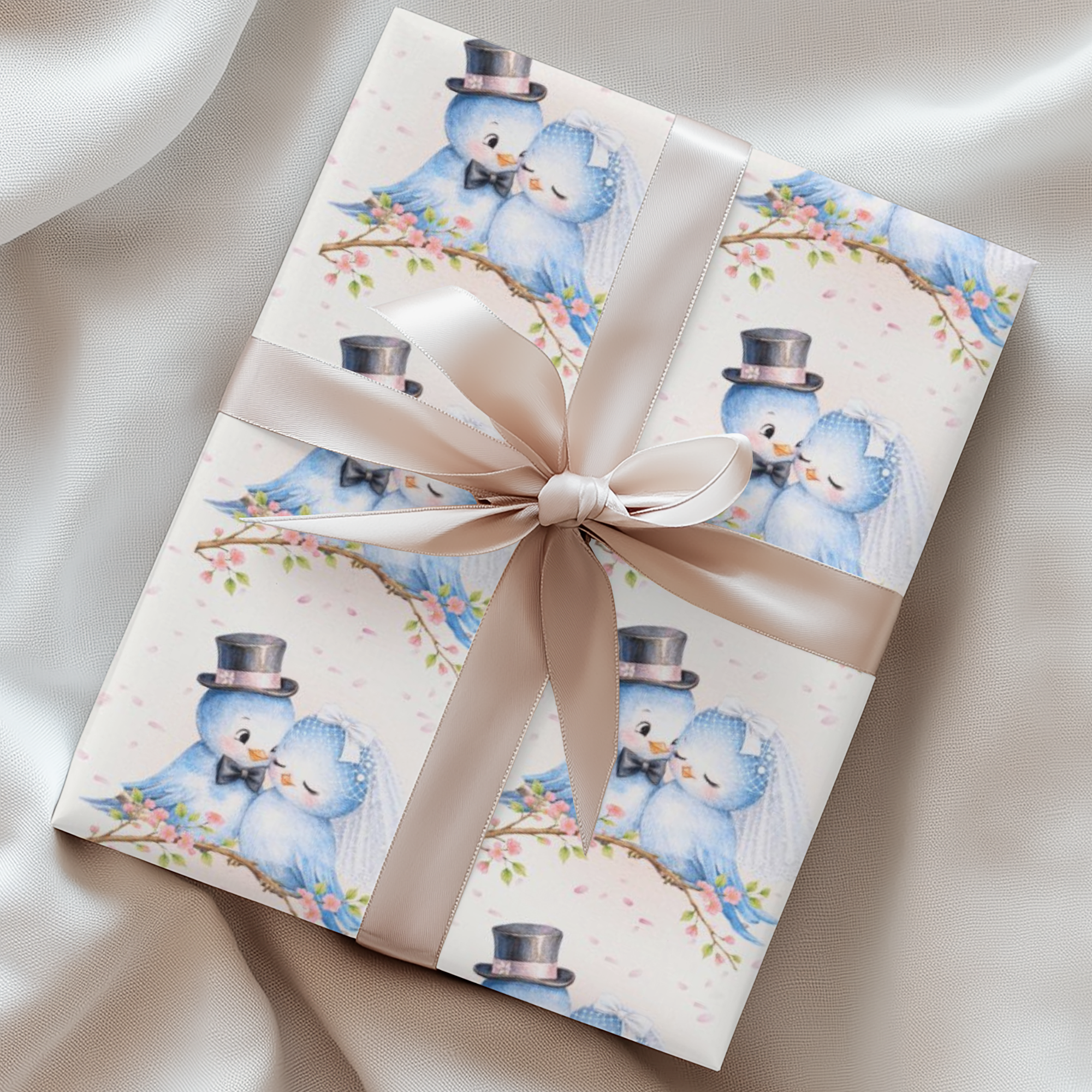 Bluebird wedding wrapping paper with bride and groom birds.