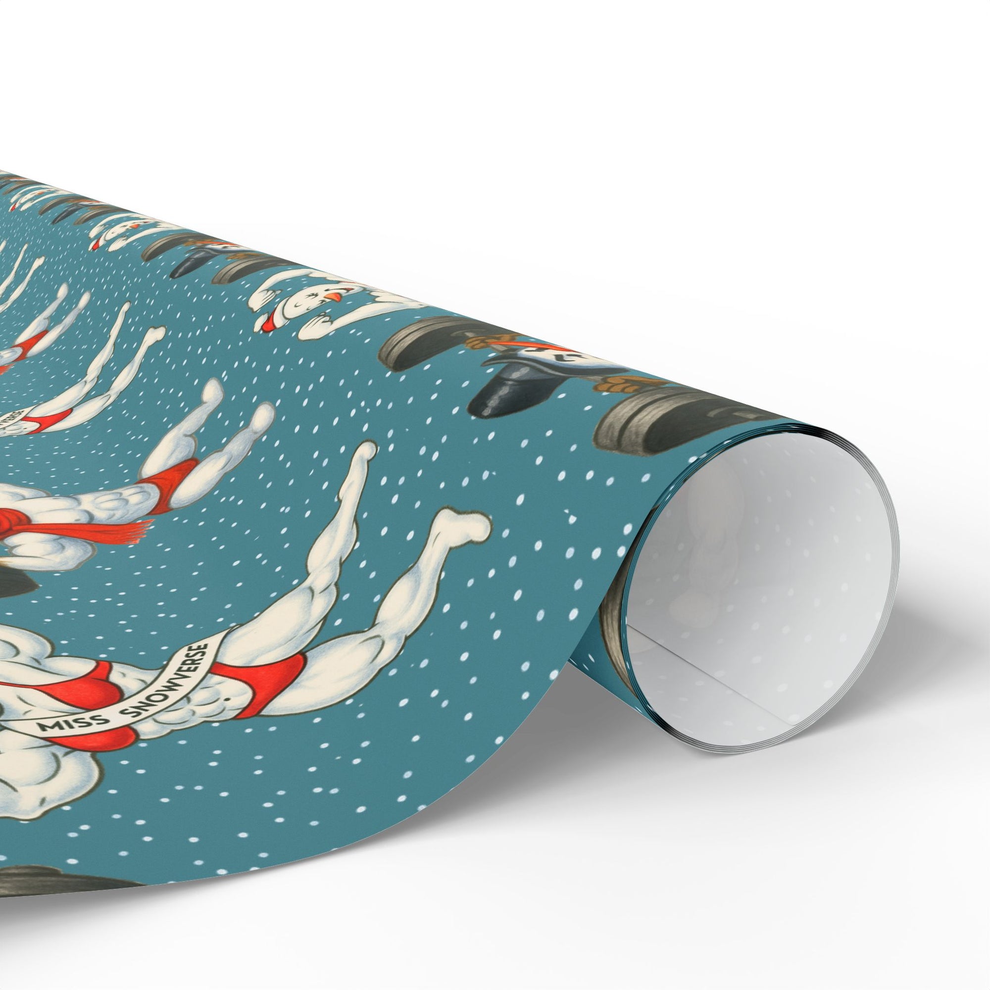 Funny retro muscle snowman wrapping paper with bodybuilder snowman lifting weights on snowy blue background.