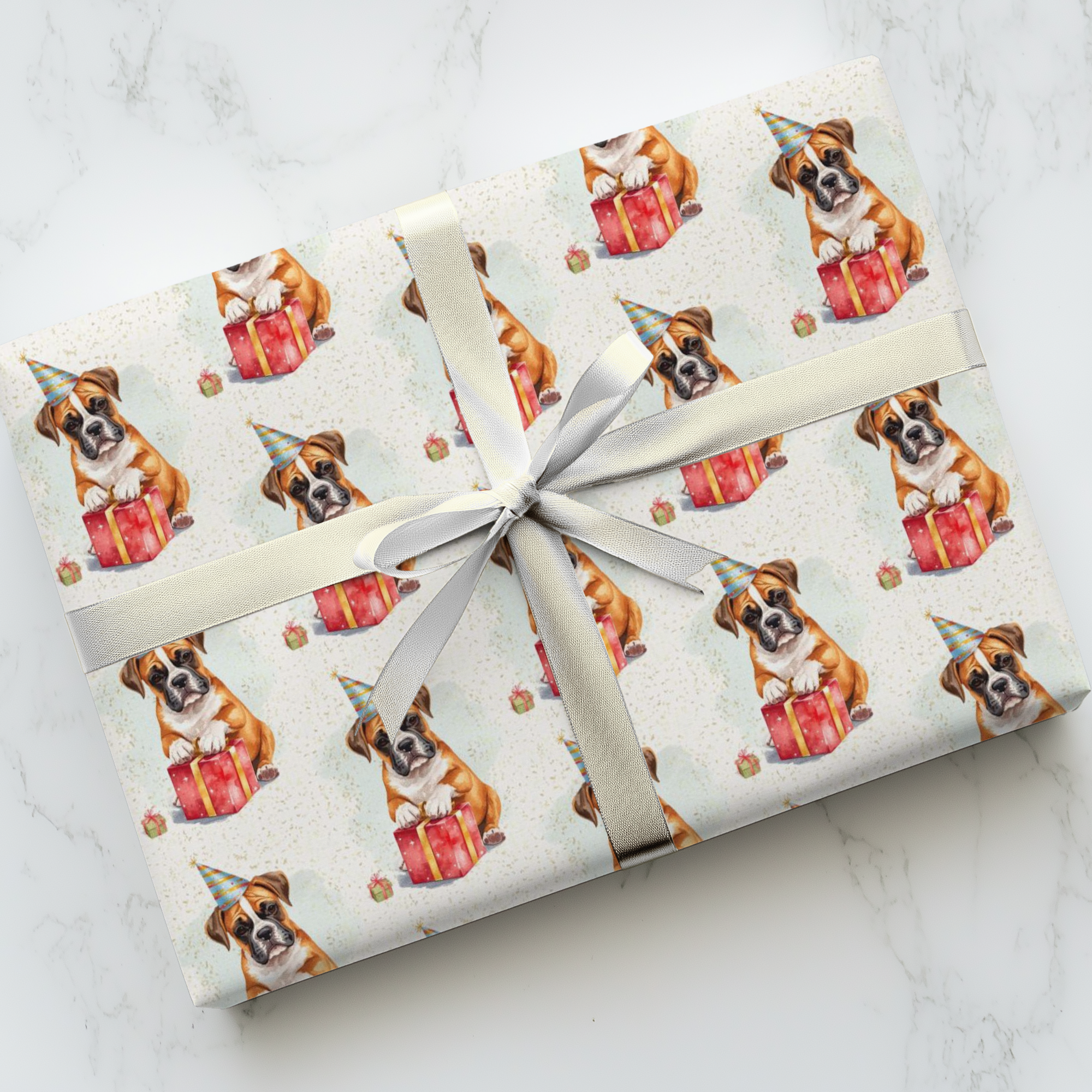 Birthday gift wrapped in paper with a boxer dog illustration with party hat and presents.