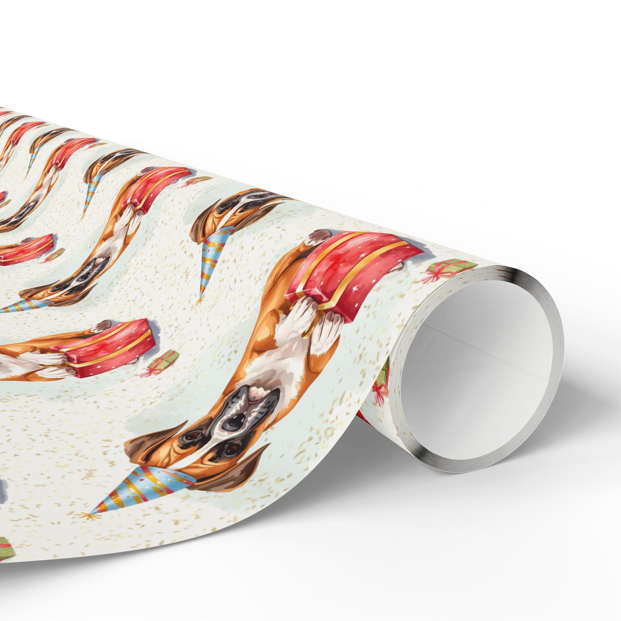 Roll of wrapping paper with boxer dog design on a white background