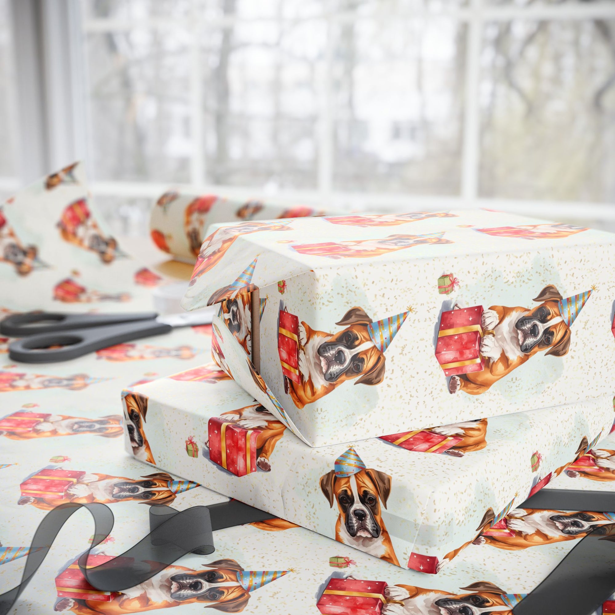 Birthday gift wrapped in paper with boxer dog illustrations on a white background.