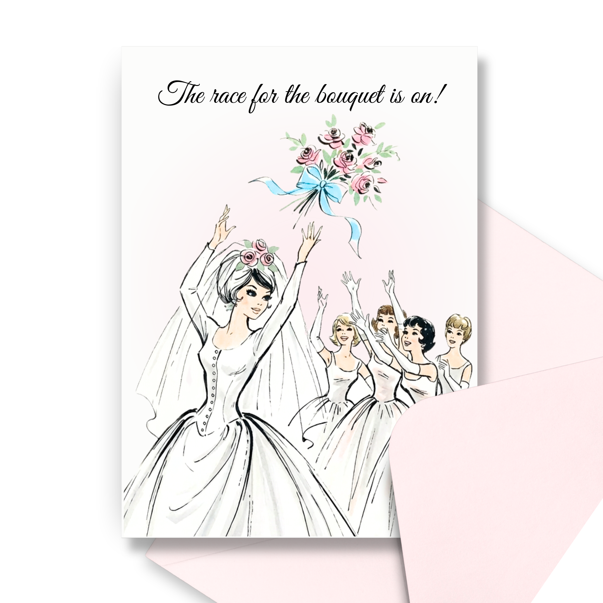 Bridal Shower Card featuring a bouquet toss with the bride throwing bouquet to bridesmaids on a light background with a coordinating pink envelope.