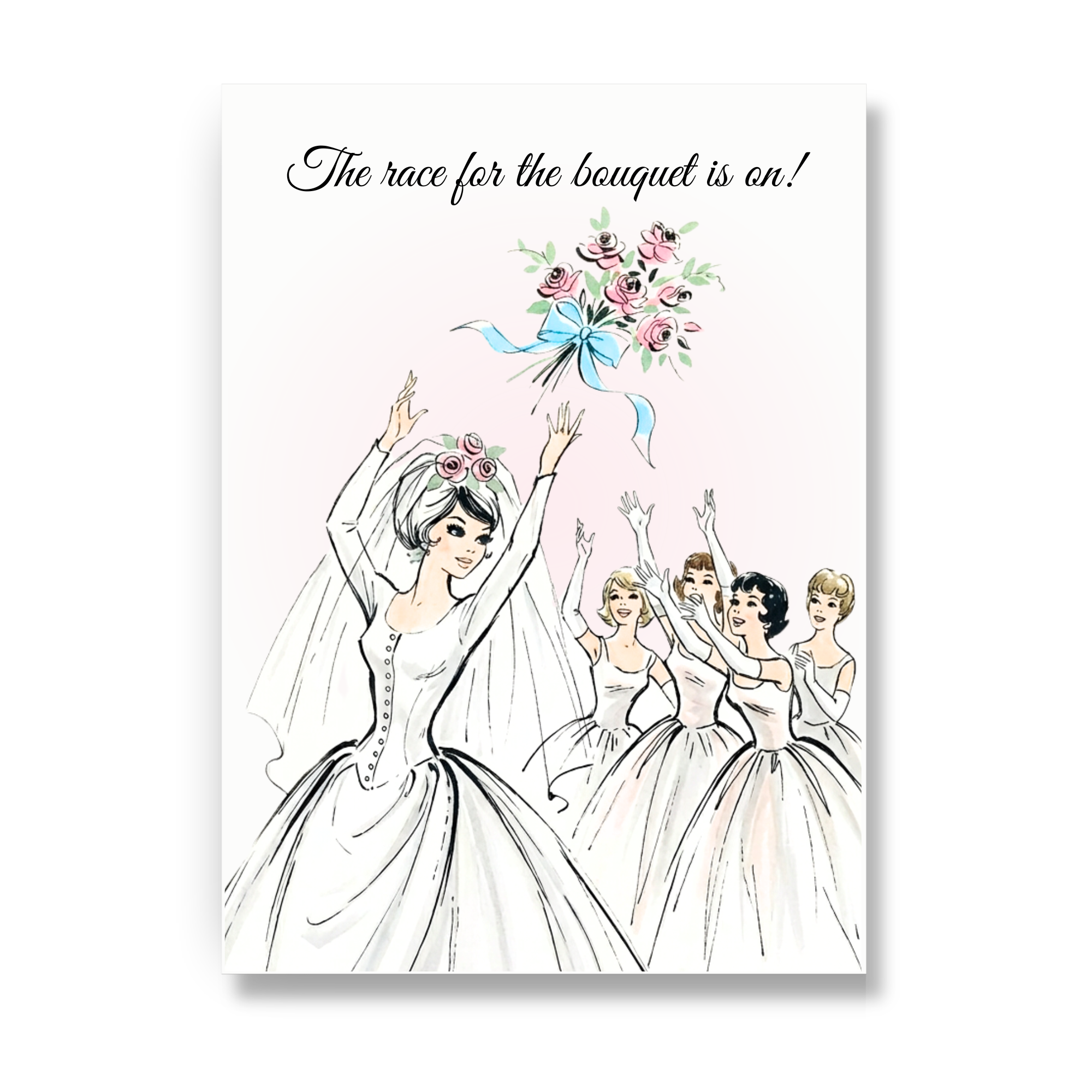 Bridal shower card bouquet toss illustration with bride throwing flowers to bridesmaids.