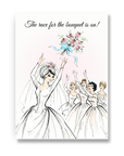 Bridal shower card bouquet toss illustration with bride throwing flowers to bridesmaids.