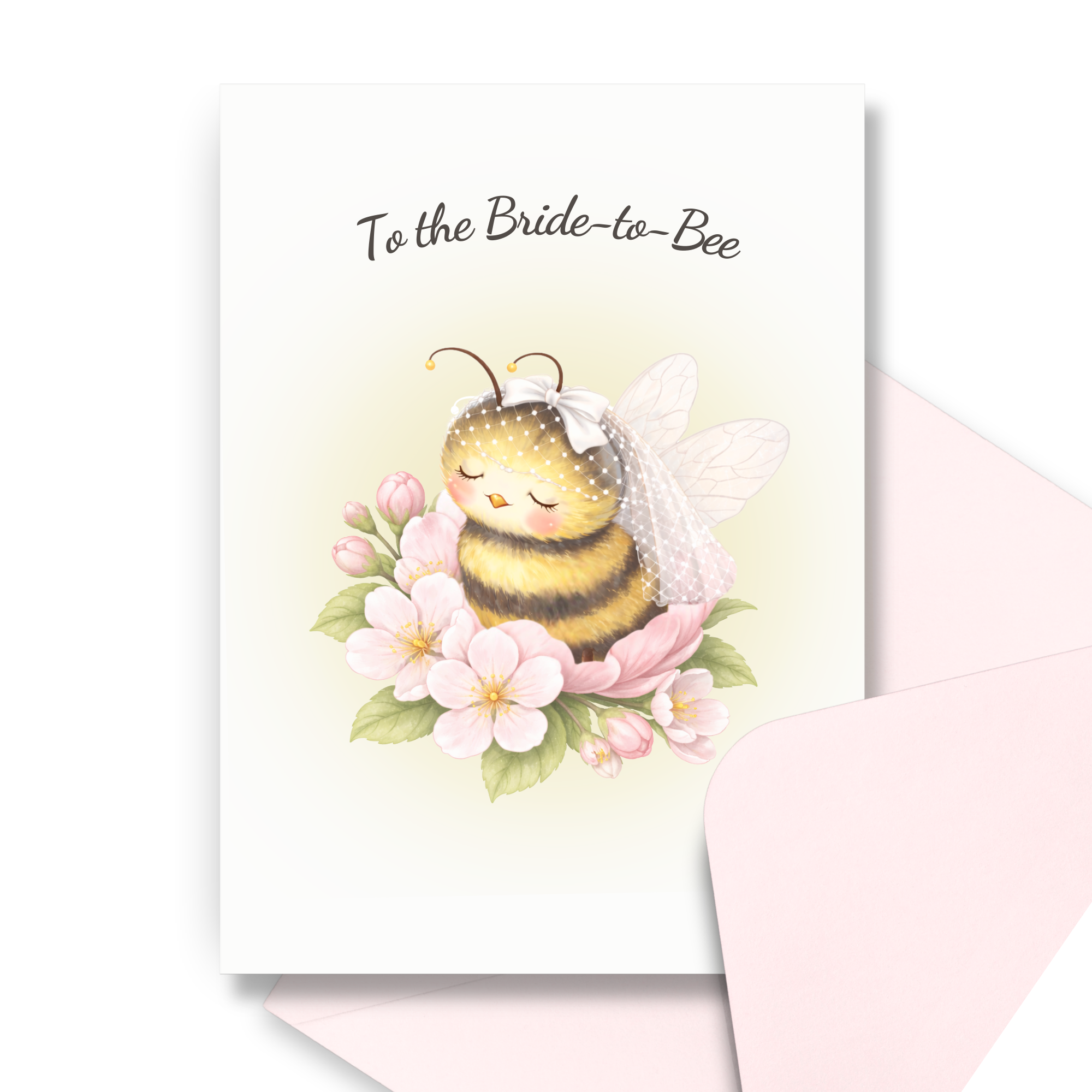 A sweet bridal shower card with a bee wearing a caged veil, nestled in flowers with text, 'To the Bride-to-Bee', on a white background with a corresponding pink envelope.
