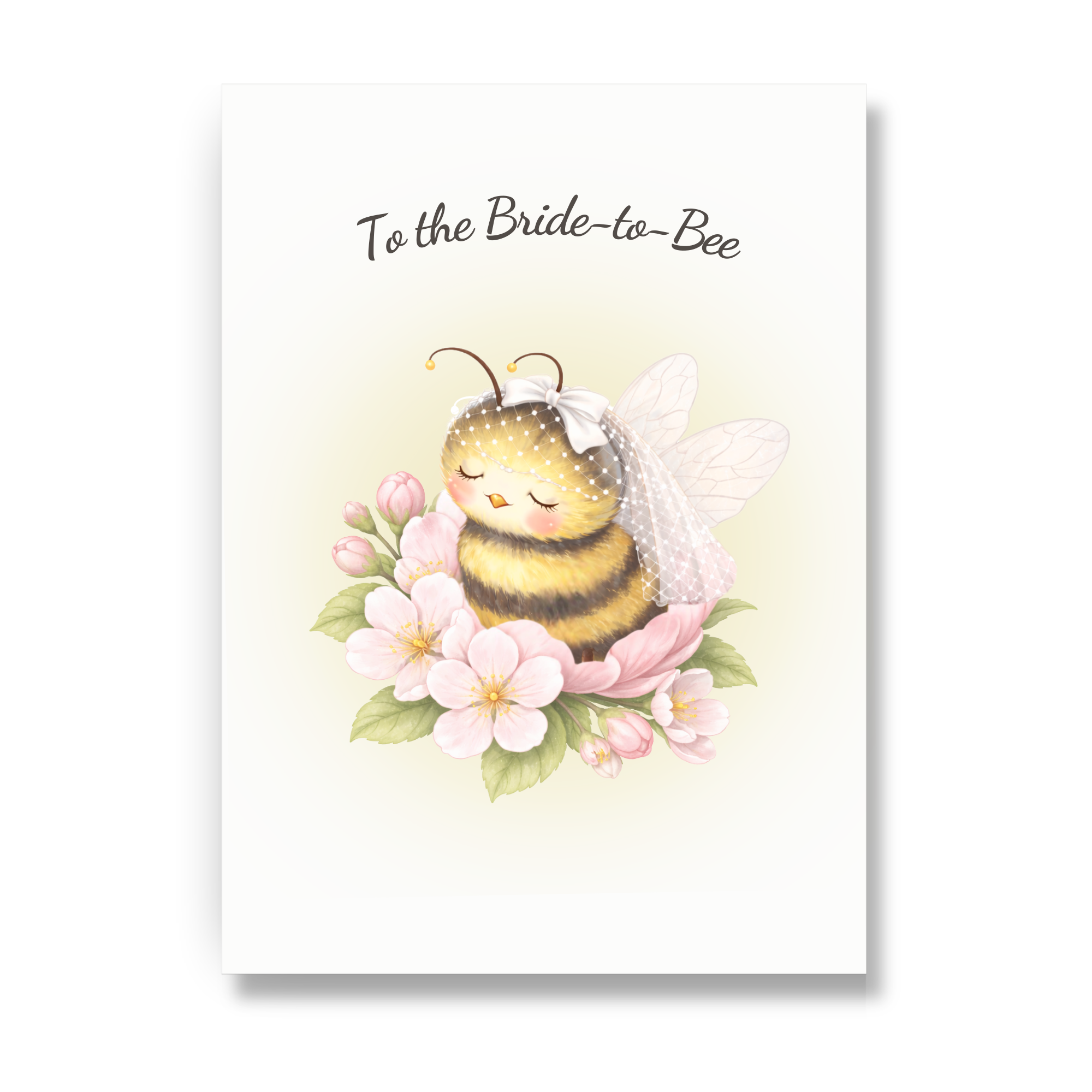 Bridal shower card with bee bride wearing veil surrounded by pink flowers.