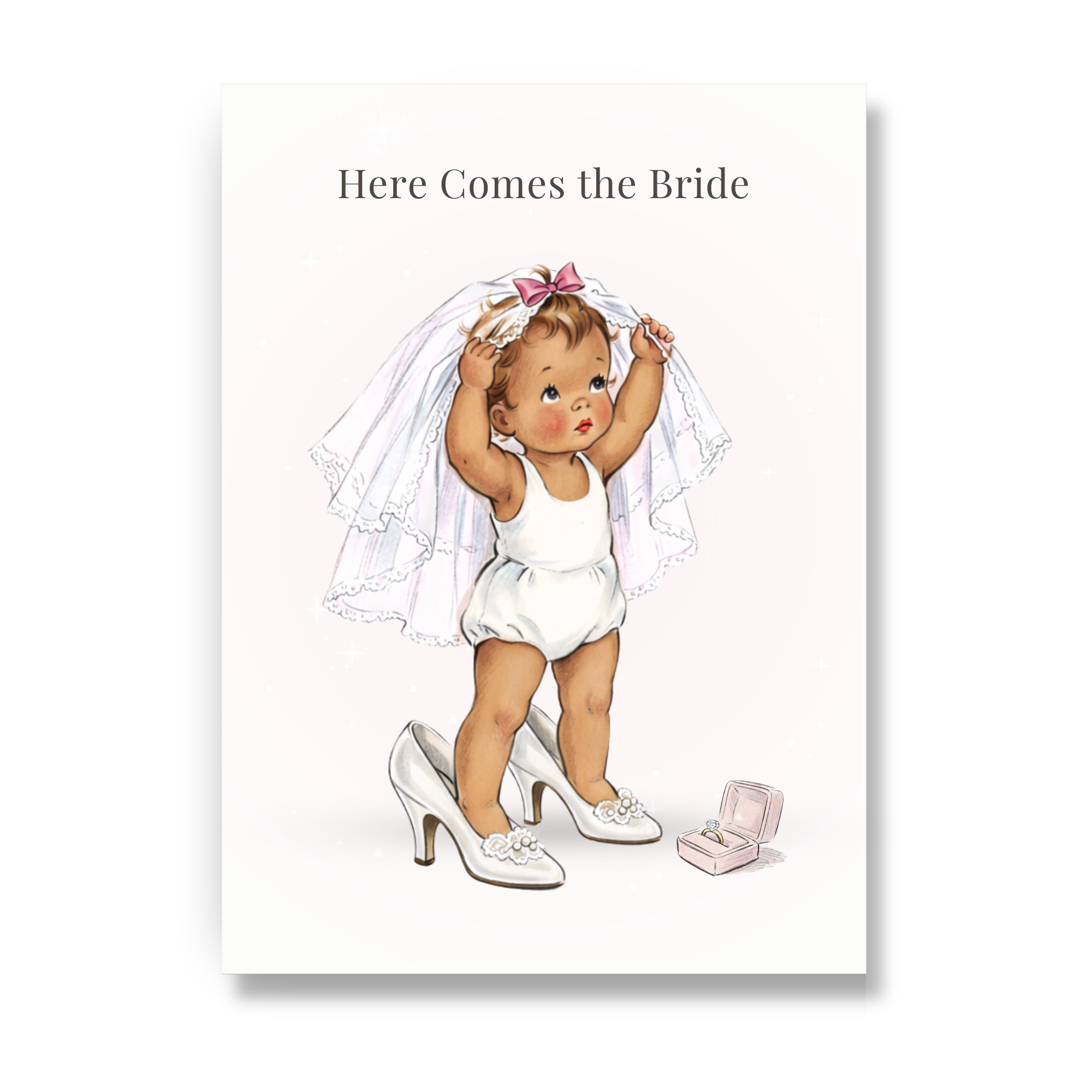 Greeting card illustration of a medium skin tone baby in bridal attire with 'Here Comes the Bride' text on a white background.