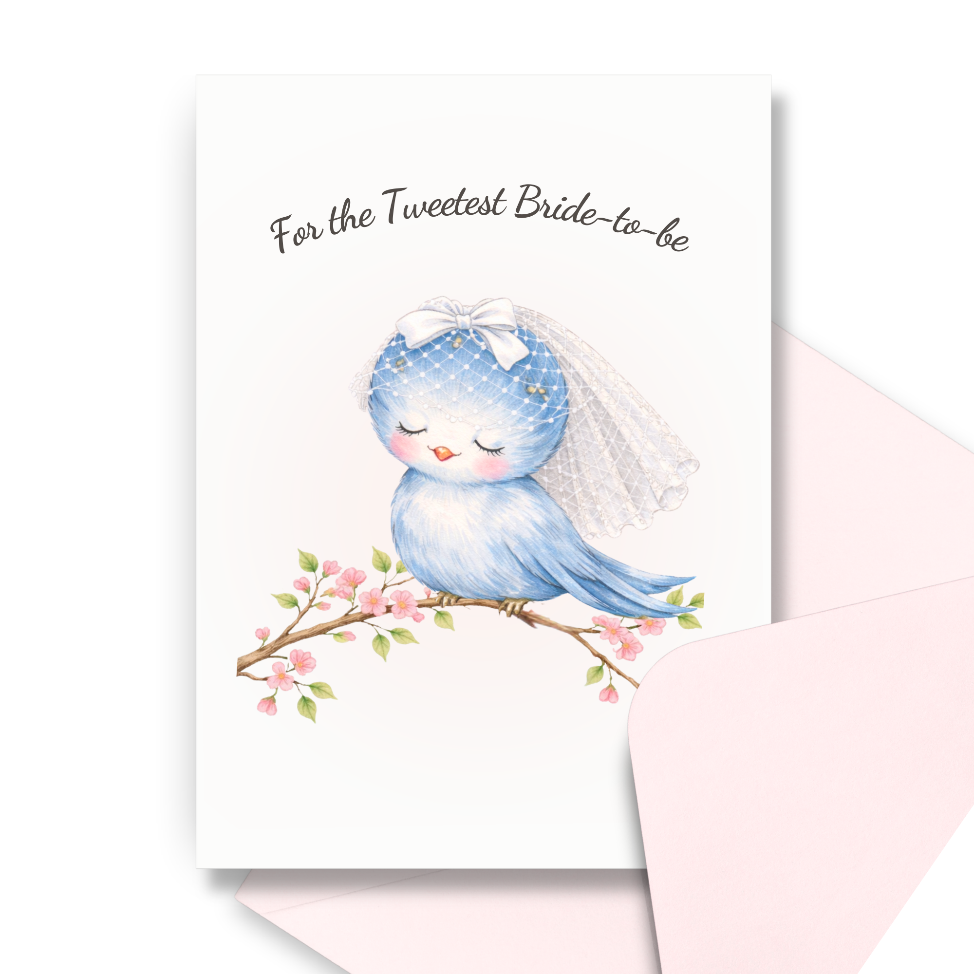 Bride to be card with a bluebird wearing a veil on a blooming branch, with text 'For the Tweetest Bride-to-be' on a white background and corresponding pink envelope.