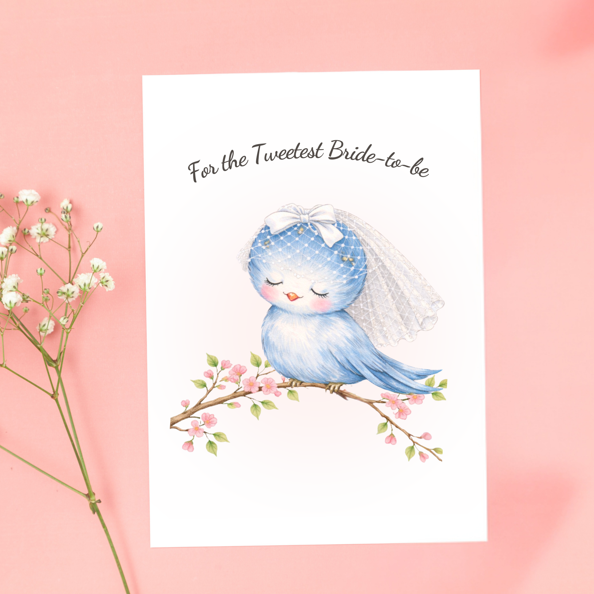 Bridal shower card “For the Tweetest Bride-to-Be” with bluebird bride wearing a veil perched on a blooming branch.