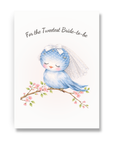 Bridal Shower card with a bluebird wearing a veil perched on a branch with cherry blossoms, text 'For the Tweetest Bride-to-be' on a white background.