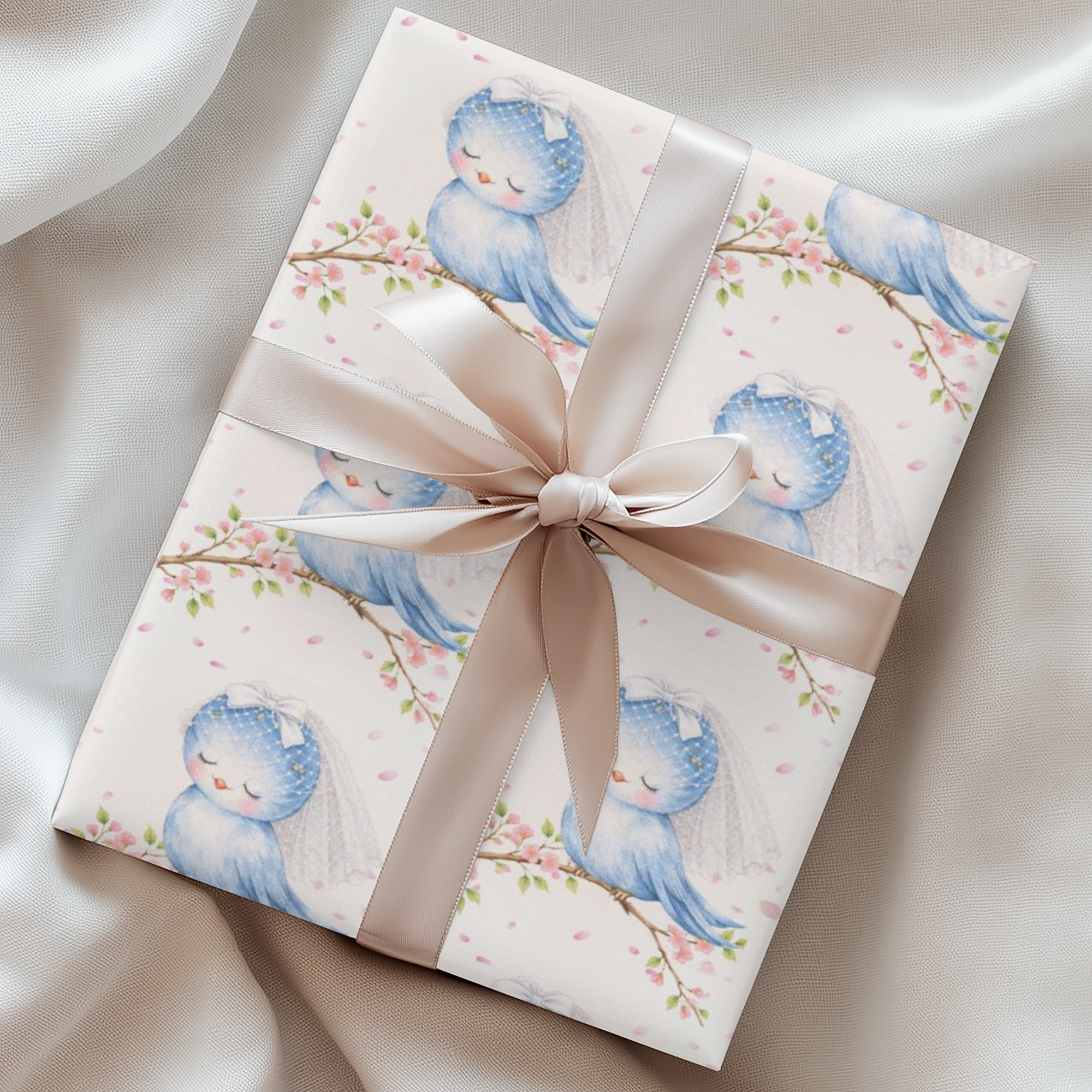 Bridal shower wrapping paper with blue bird wearing veil on floral branch.
