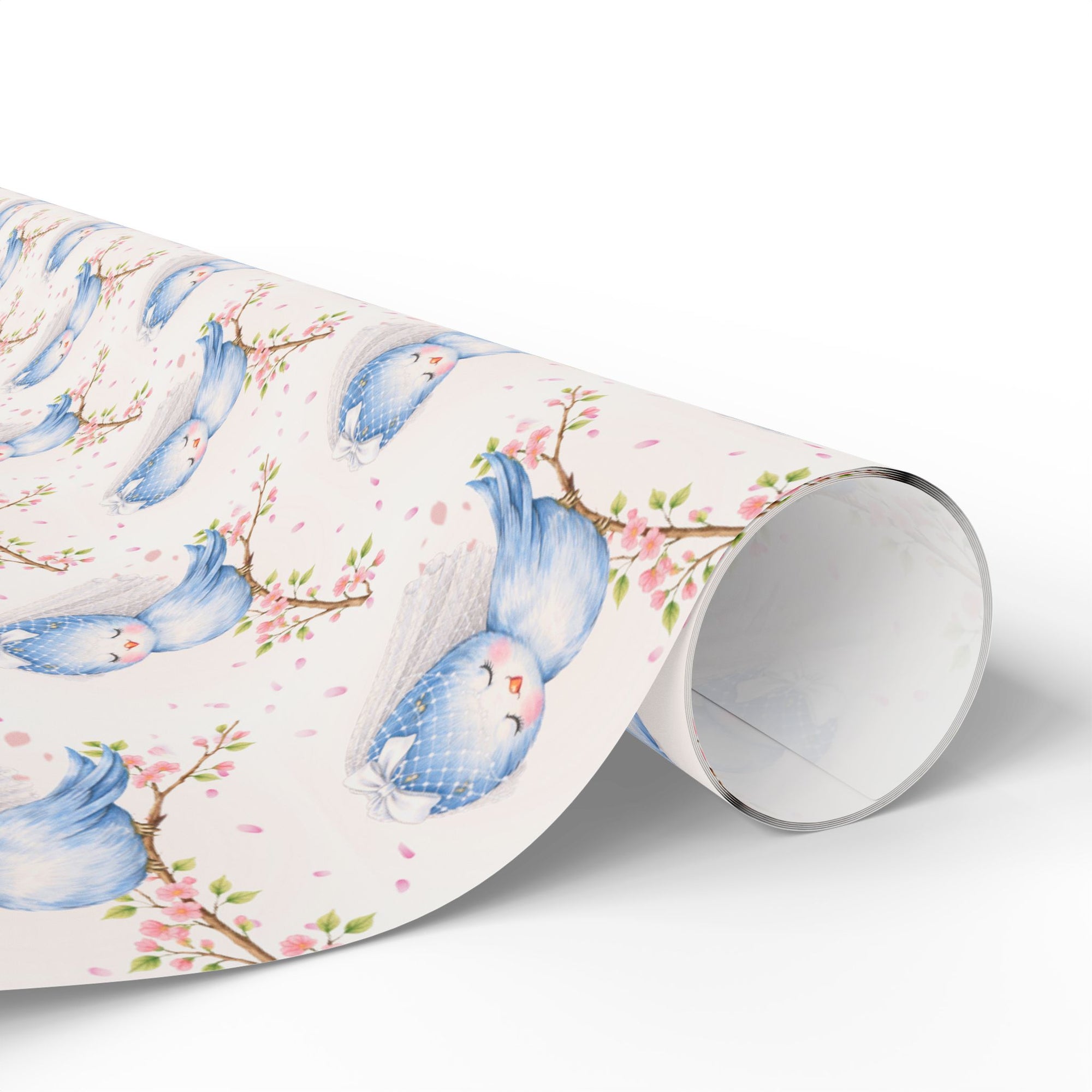 Romantic wedding gift wrap with bluebird bride and soft pink petals.