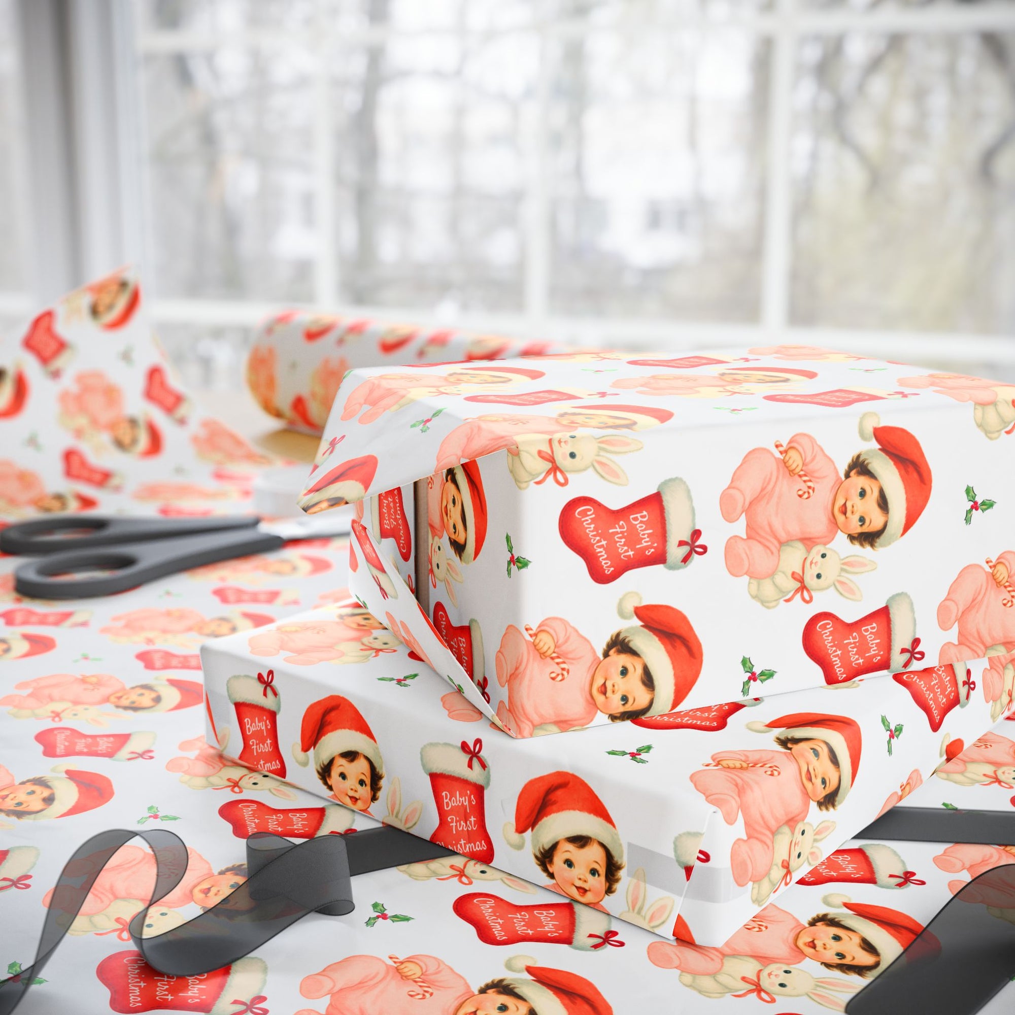 Vintage Baby’s First Christmas gift wrap for newborn girls with retro brunette baby illustration, Santa hat, bunny plush, candy cane, Christmas stockings, and holly pattern.