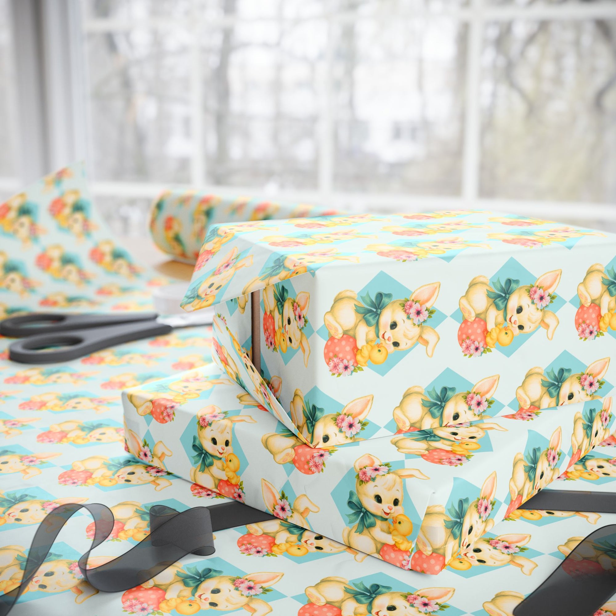 vintage bunny and duckling easter wrapping paper with pastel background