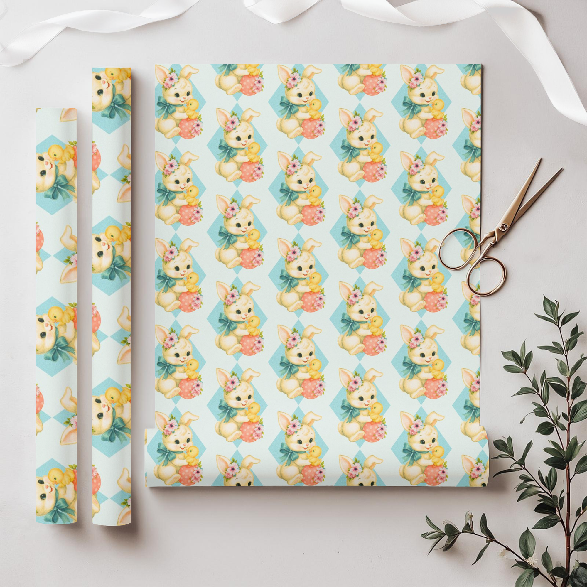 vintage bunny and duckling easter wrapping paper with pastel background