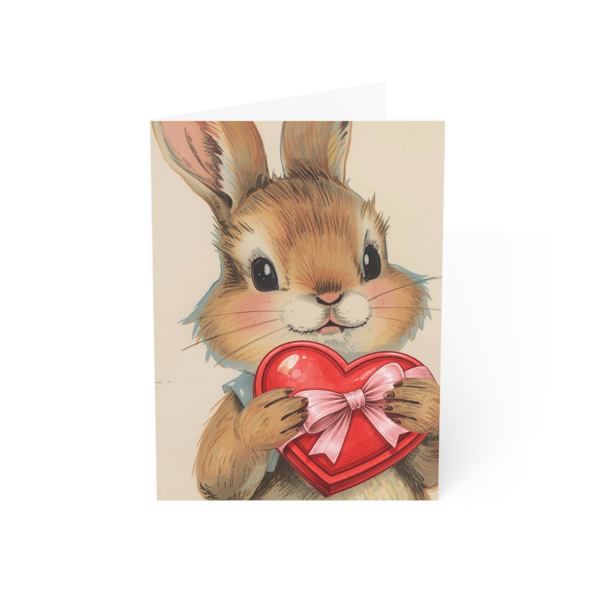 vintage style Illustration of a bunny holding a red heart with a pink bow on a beige background