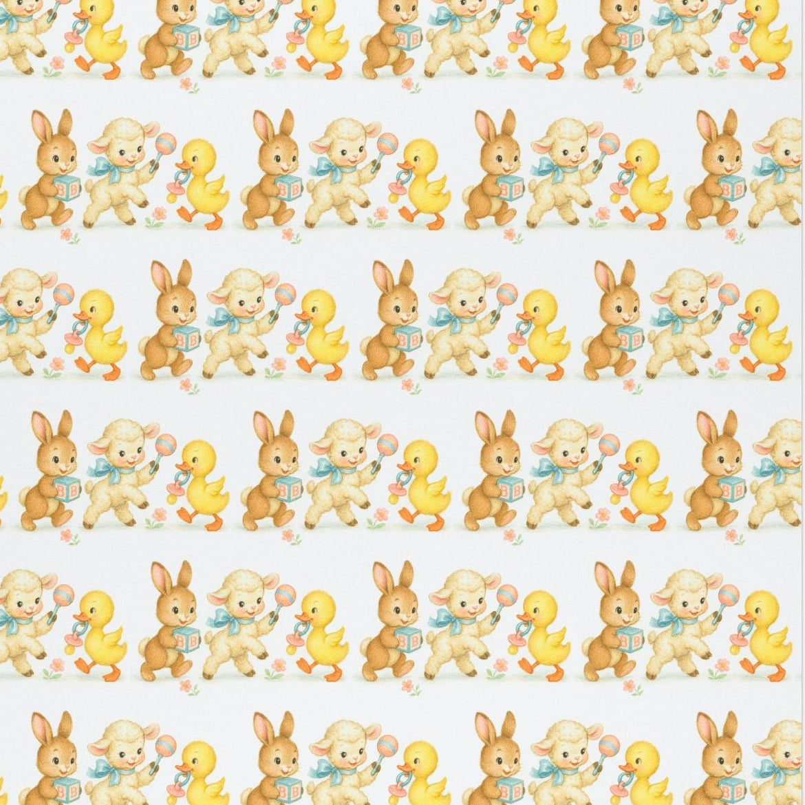 Bunny lamb and duckling baby wrapping paper, 1950s style storybook illustration in pastels.