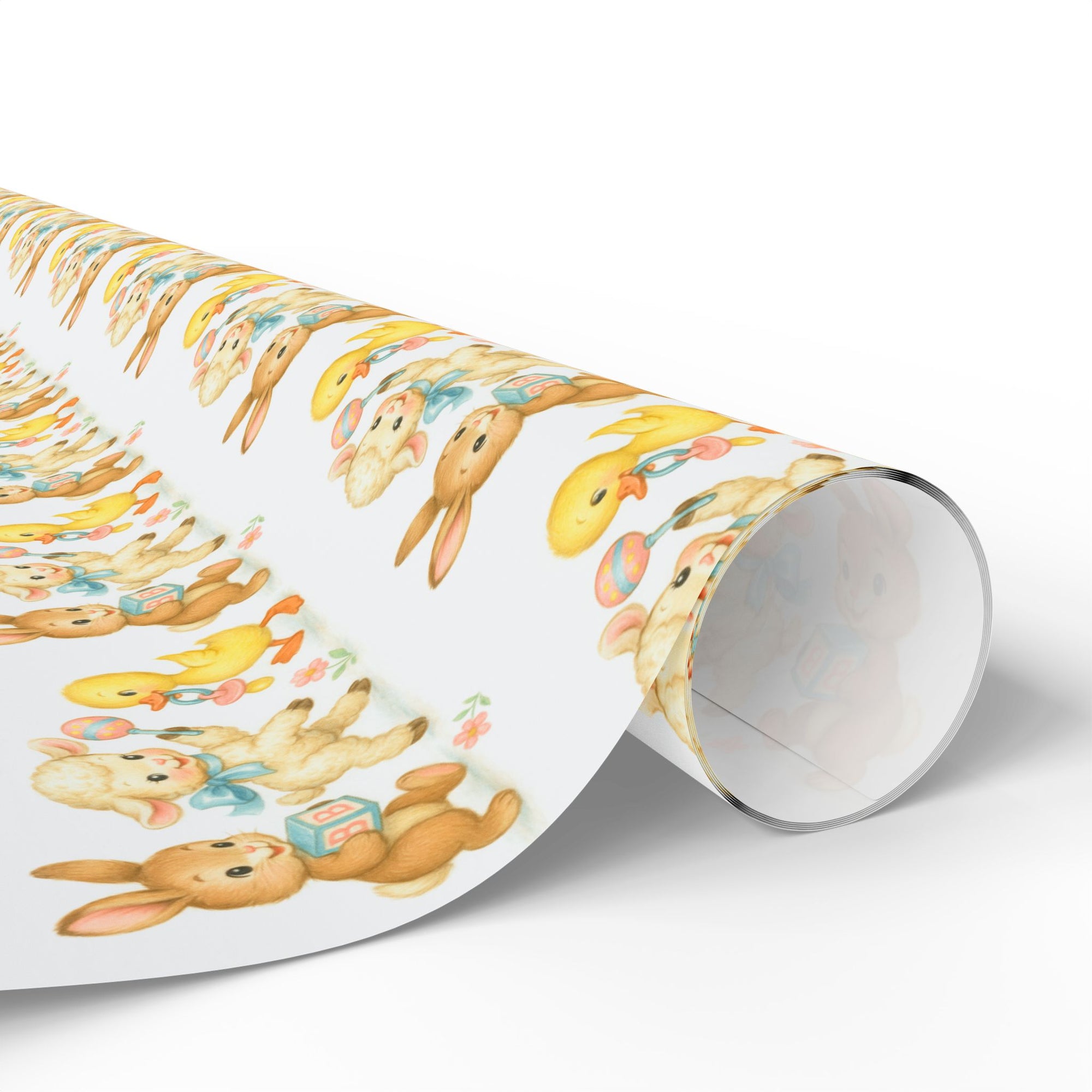 bunny lamb and duckling baby wrapping paper roll, 1950s style storybook illustration in pastels.