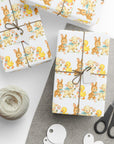 bunny lamb and duckling baby wrapping paper, 1950s style storybook illustration in pastels.