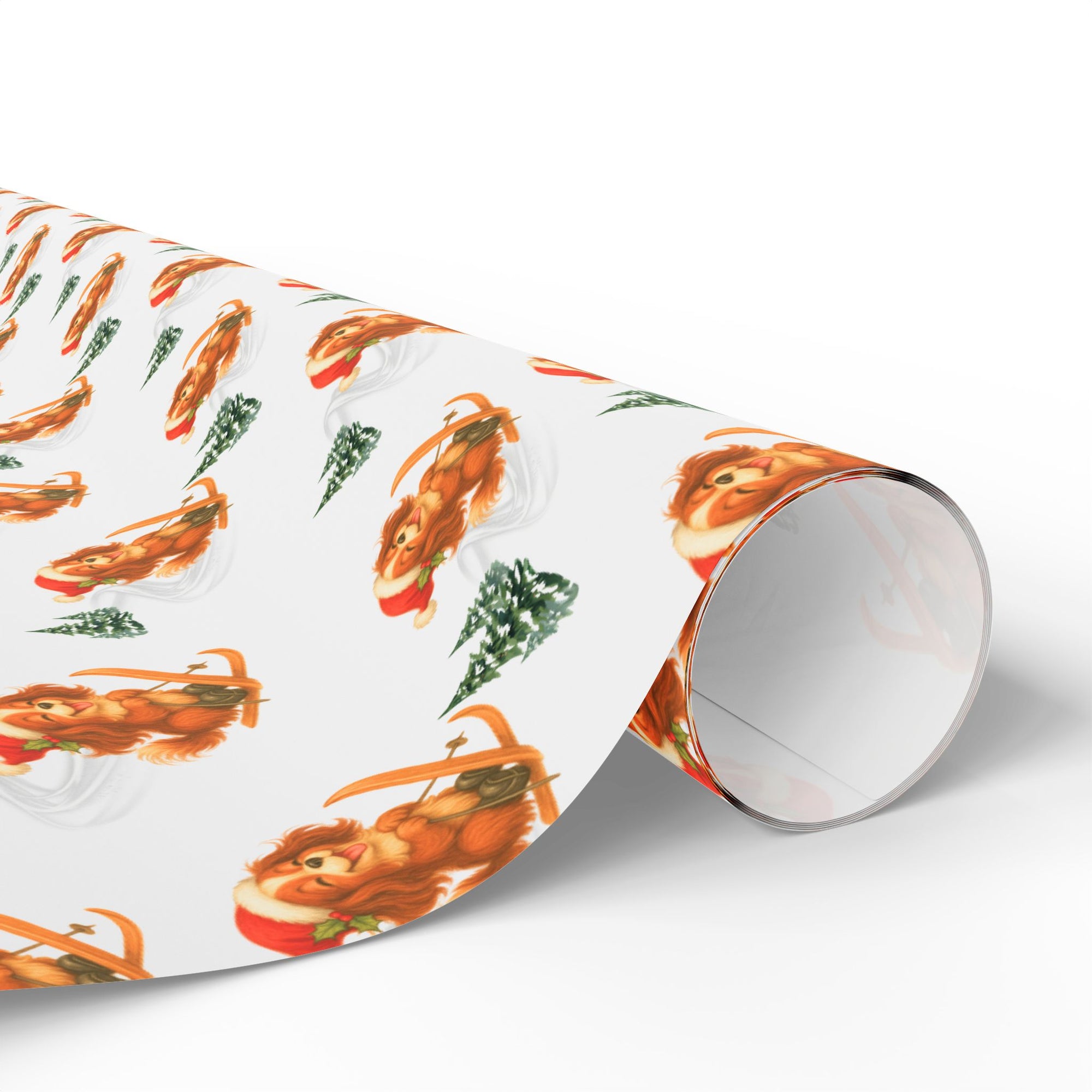 Christmas wrapping paper featuring a retro skiing king charles cavalier puppy in a santa hat on white background.