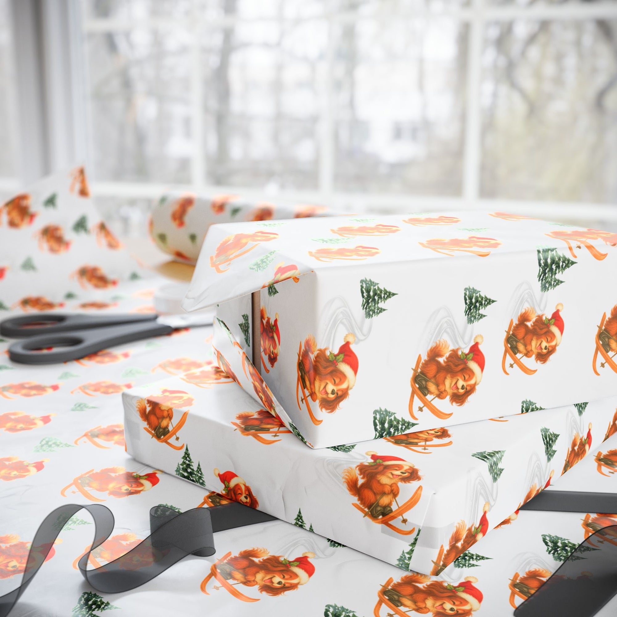Christmas wrapping paper featuring a retro skiing king charles cavalier puppy in a santa hat on white background.