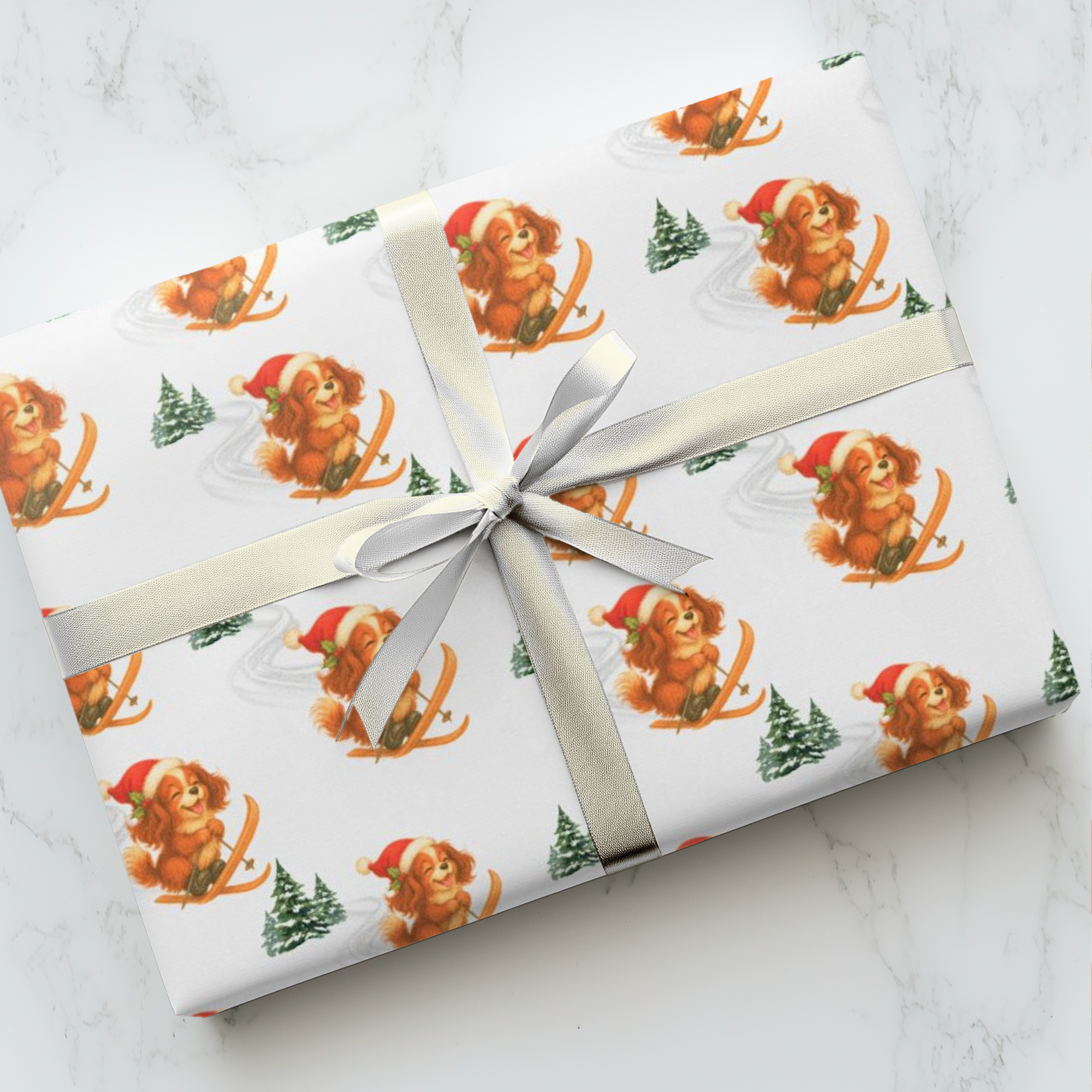 Christmas wrapping paper featuring a retro skiing king charles cavalier puppy in a santa hat on white background.