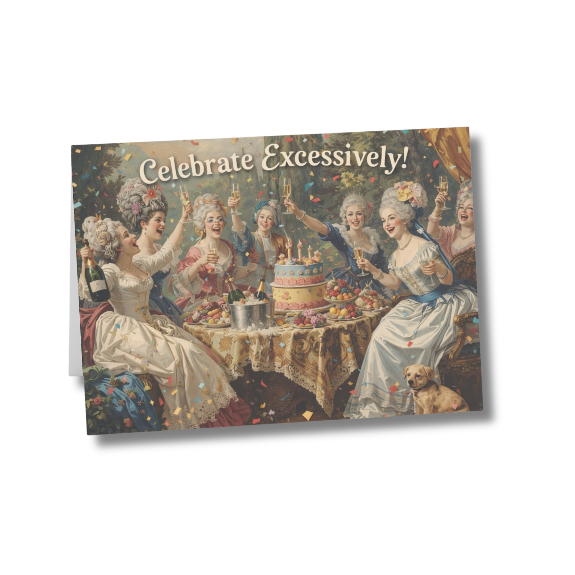 Vintage-style greeting card with women celebrating around a cake, featuring the text 'Celebrate Excessively!'.
