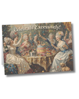 Vintage-style greeting card with women celebrating around a cake, featuring the text 'Celebrate Excessively!'.