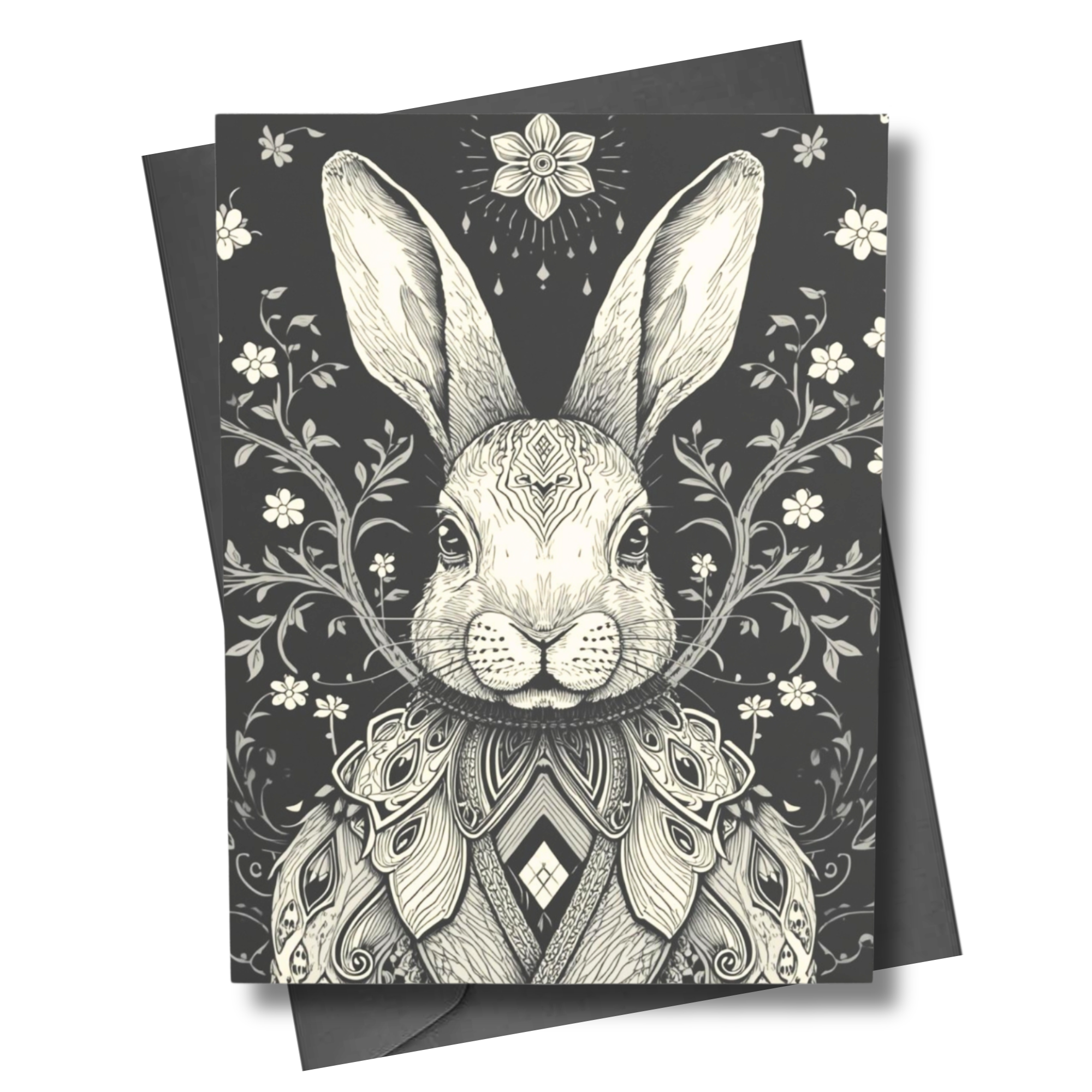 Greeting card with a detailed black and white rabbit illustration on a dark background with floral elements.