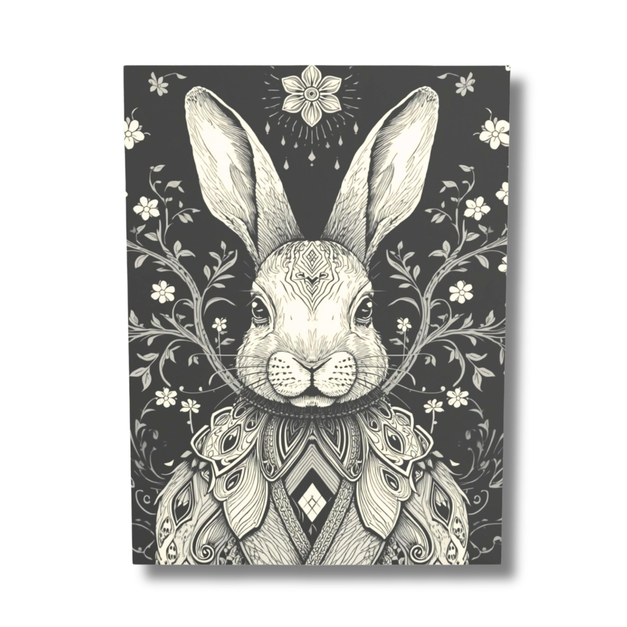 Decorative illustration of a black and white rabbit illustration on a dark background with floral elements.