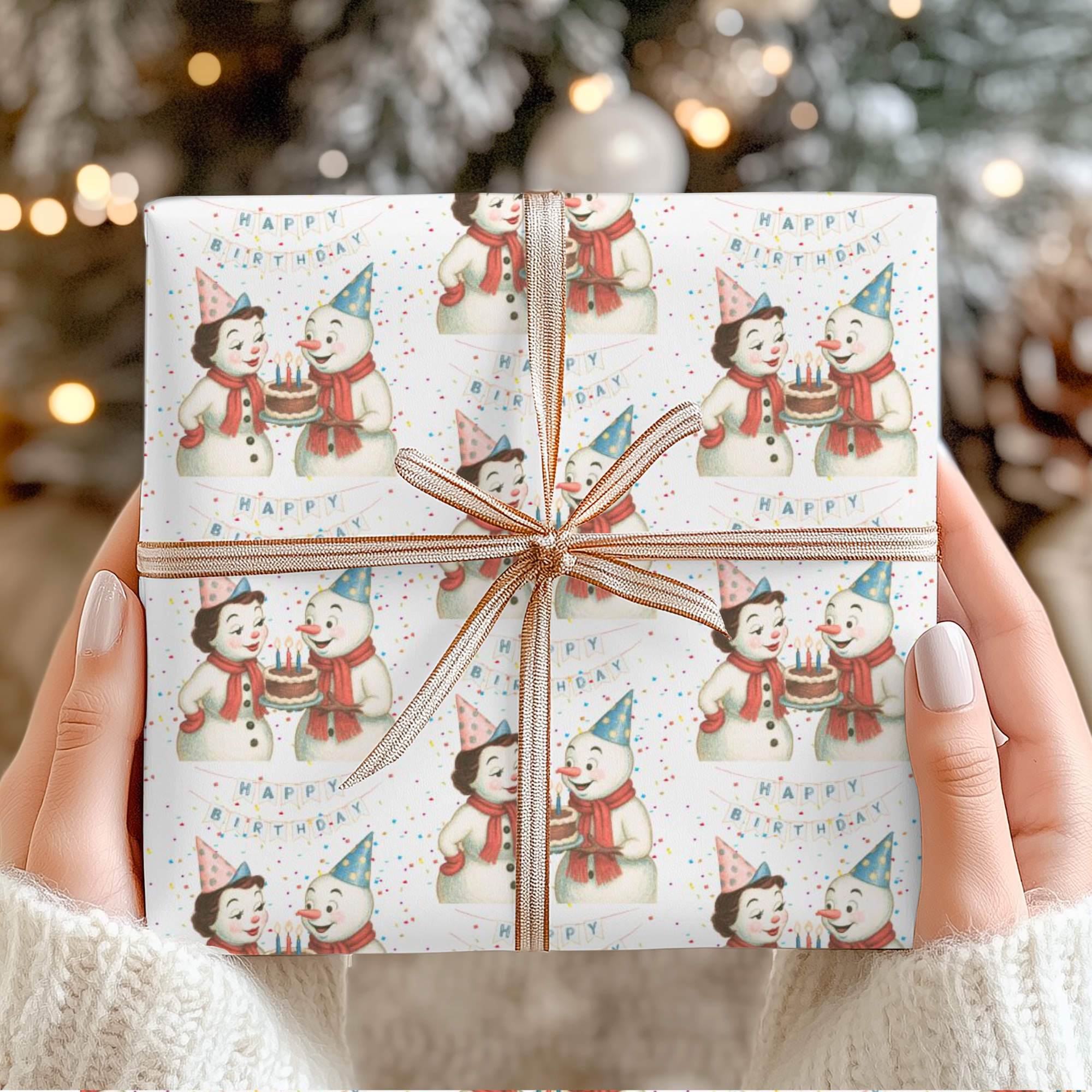 December Birthday Christmas Wrapping Paper – Vintage Snowmen Celebration