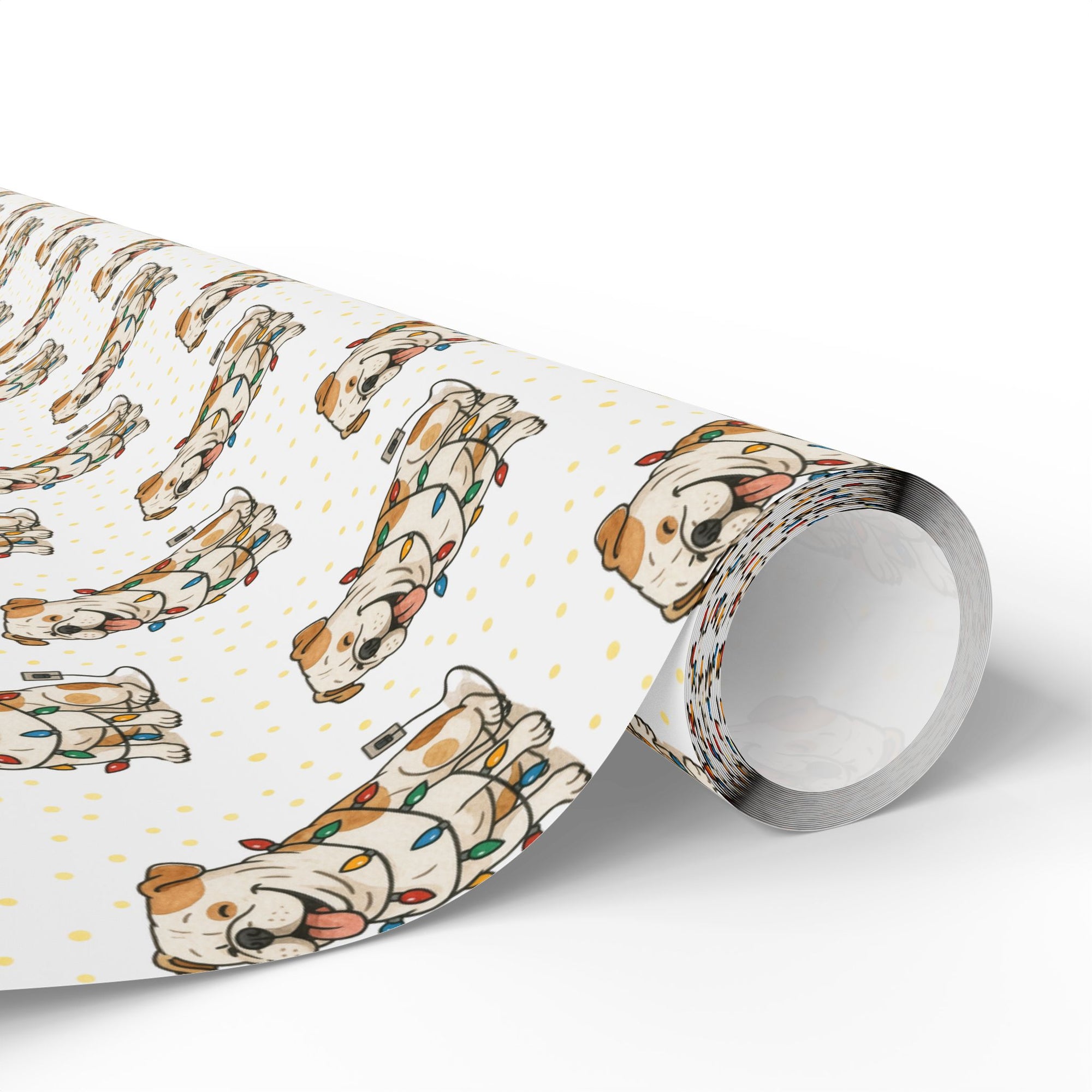 Christmas wrapping paper roll with bulldog tangled in holiday lights