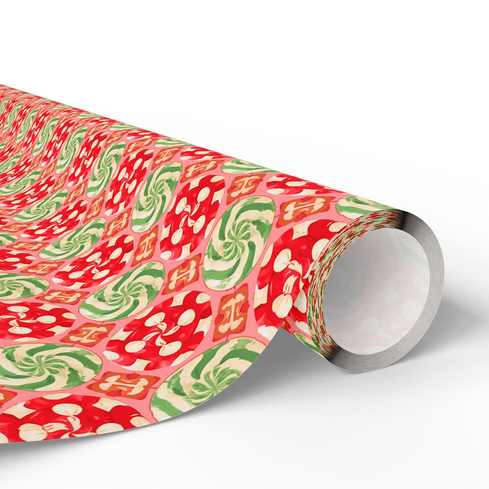 Christmas Candy Wrapping Paper roll with red and green peppermint swirl pattern