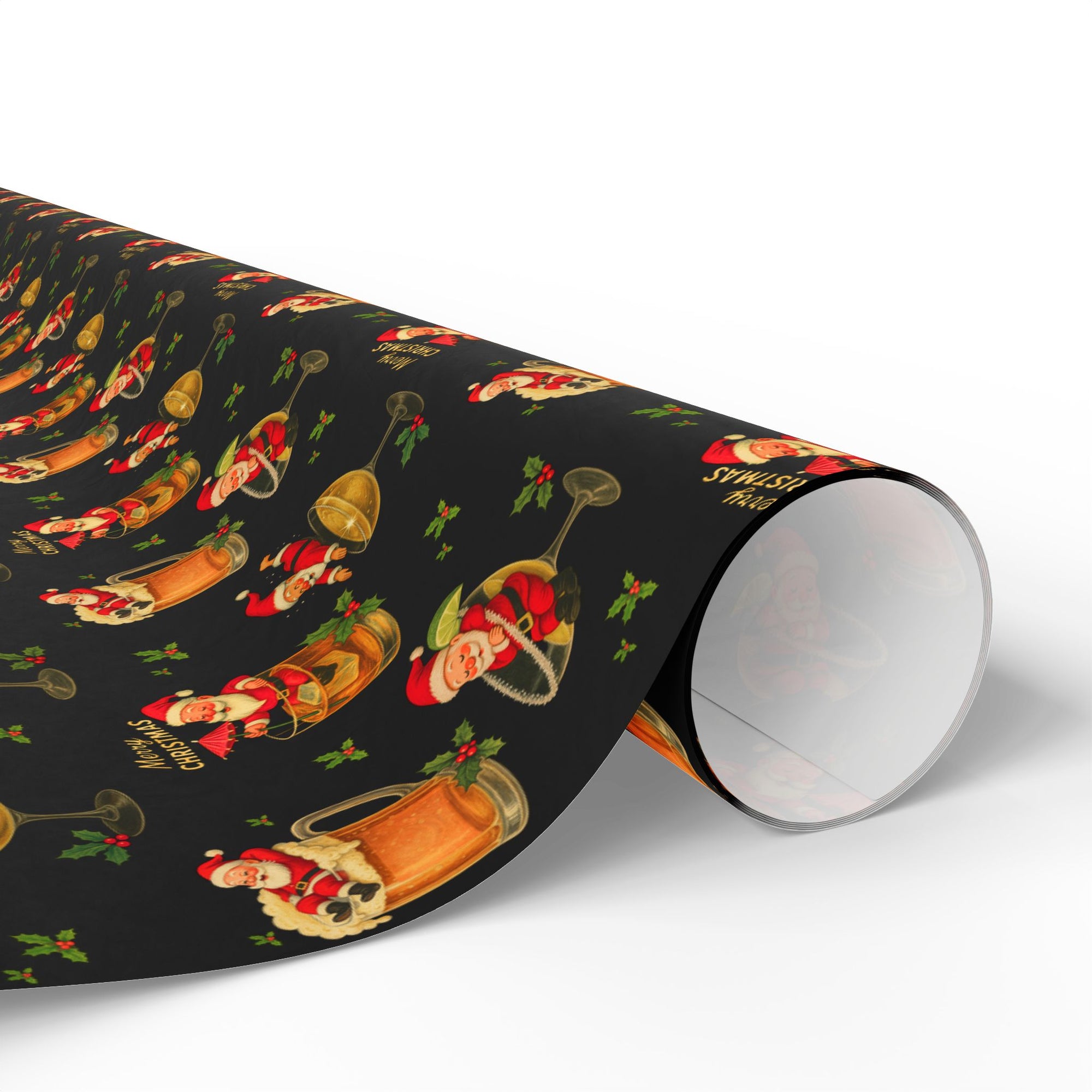 Christmas Wrapping Paper roll featuring Santa relaxing in beer, whiskey, margarita, and champagne glasses on black background with holly