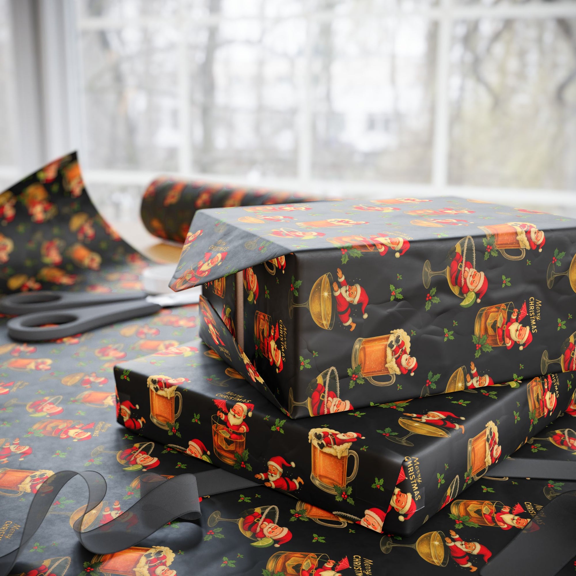 Christmas gift boxes wrapped in  paper featuring Santa relaxing in beer, whiskey, margarita, and champagne glasses on black background with holly