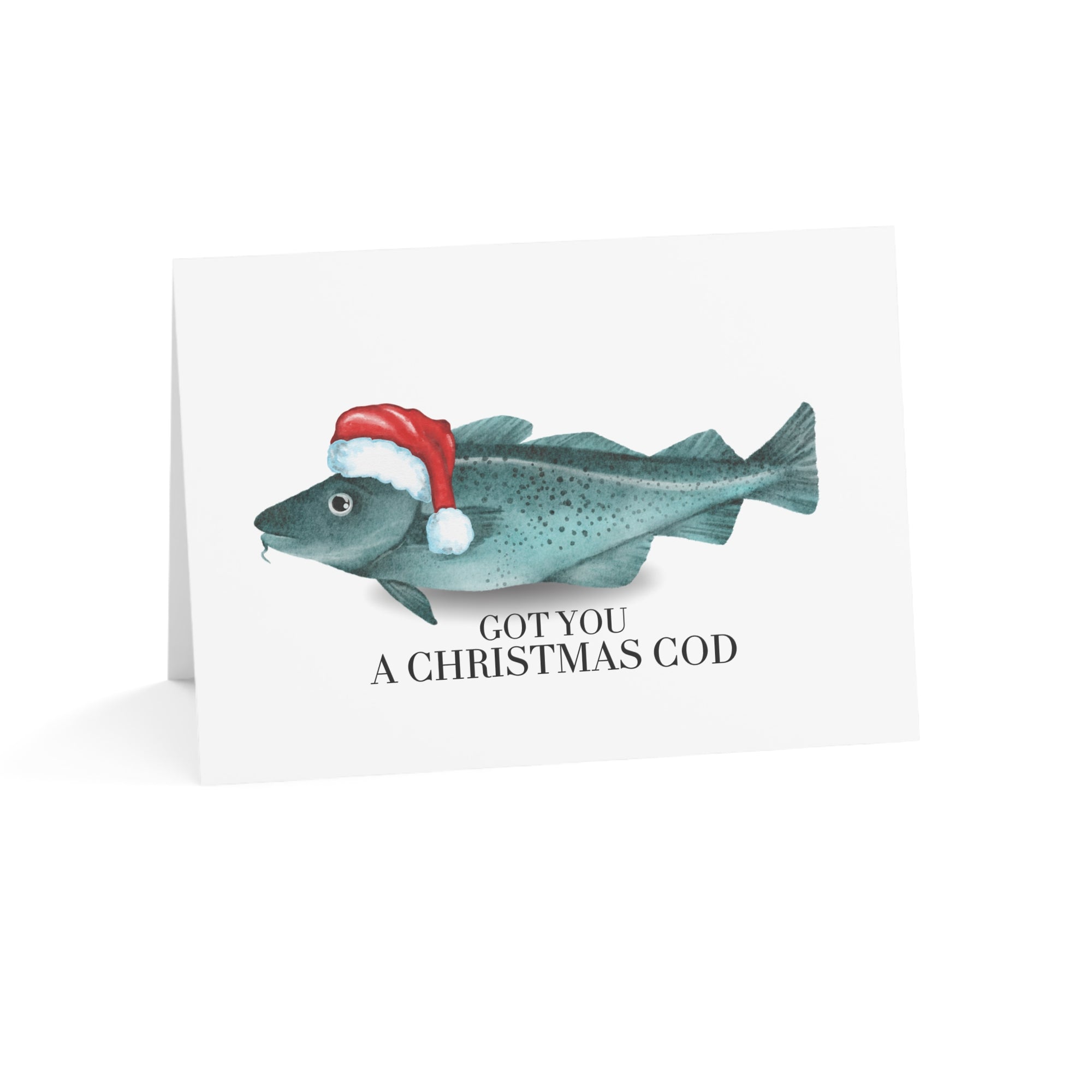 Card with a fish wearing a Santa hat and text 'Got you a Christmas Cod' on a white background