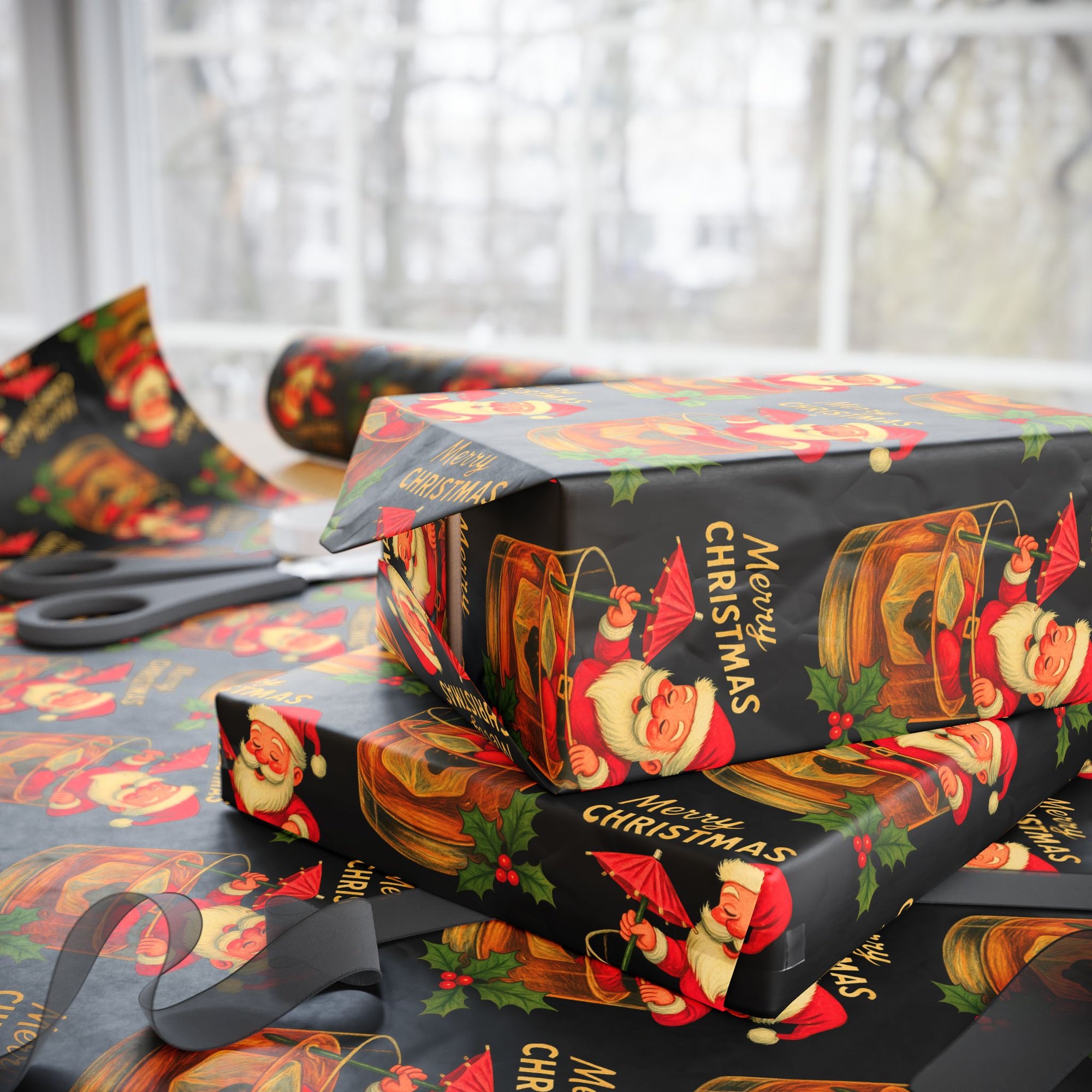 Santa’s Old Fashioned Christmas Wrapping Paper featuring retro Santa in a whiskey glass with holly and “Merry Christmas” text on black background