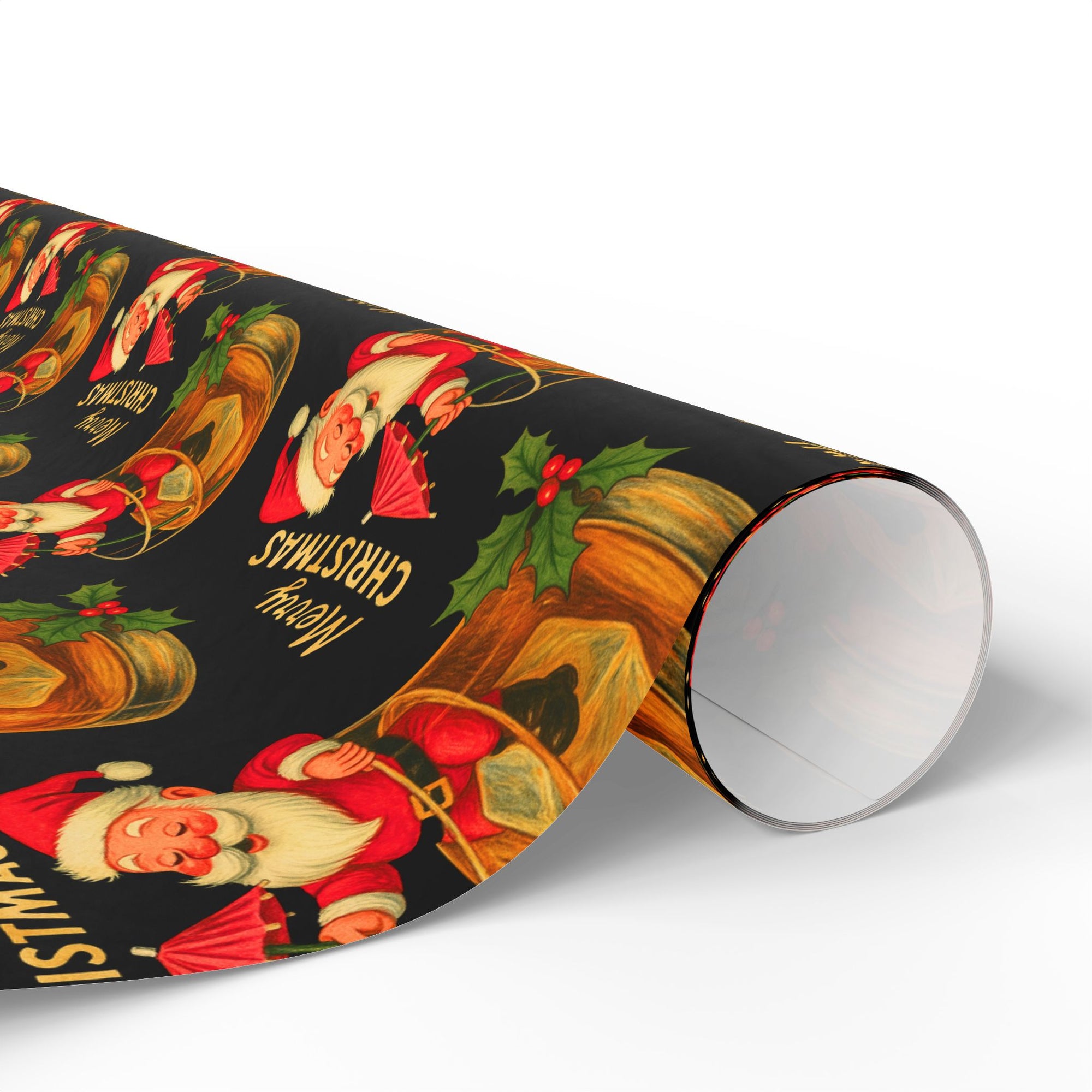 Santa’s Old Fashioned Christmas Wrapping Paper roll featuring retro Santa in a whiskey glass with holly and “Merry Christmas” text on black background