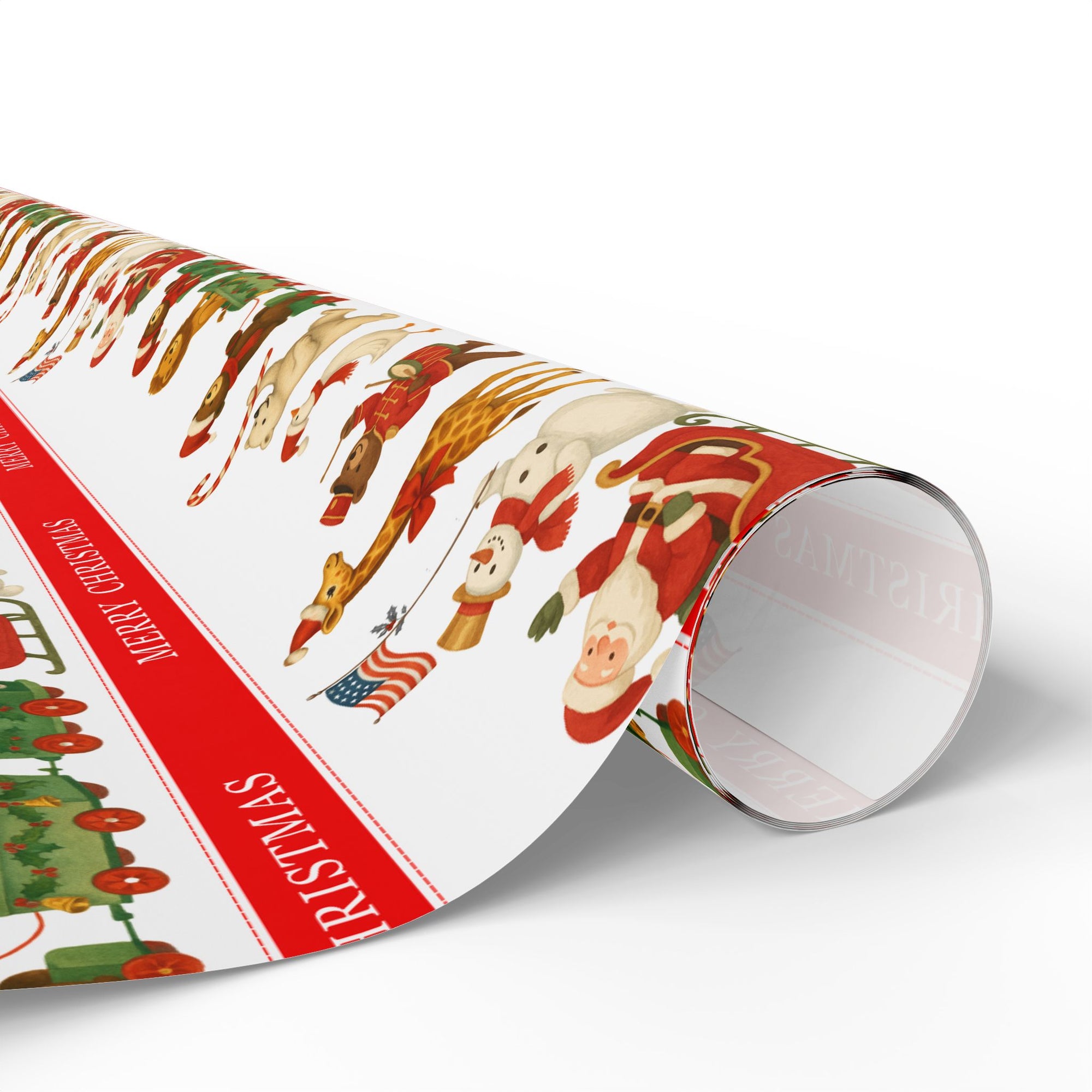 Roll of Christmas-themed wrapping paper with Santa Claus, giraffe, polar bear, snowman and reindeer parade.