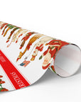 Roll of Christmas-themed wrapping paper with Santa Claus, giraffe, polar bear, snowman and reindeer parade.