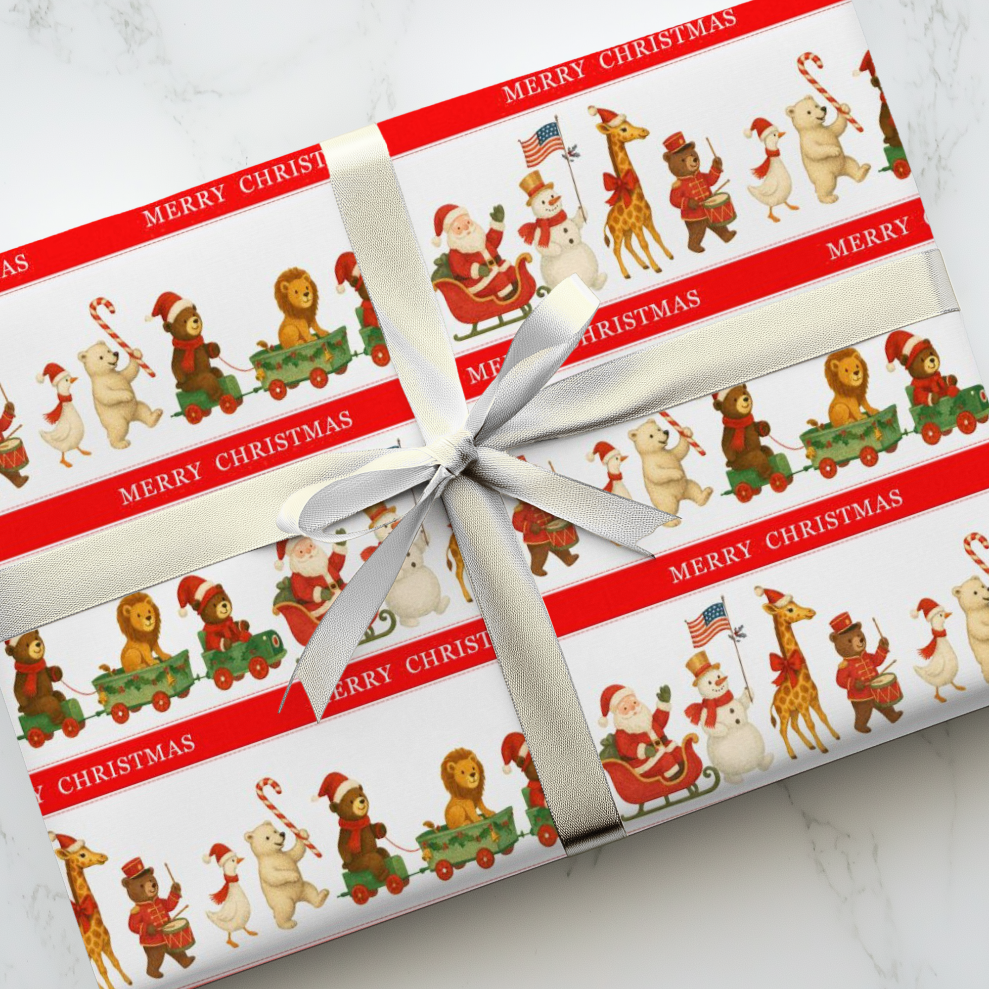 Roll of Christmas-themed wrapping paper with Santa Claus, giraffe, polar bear, snowman and reindeer parade.