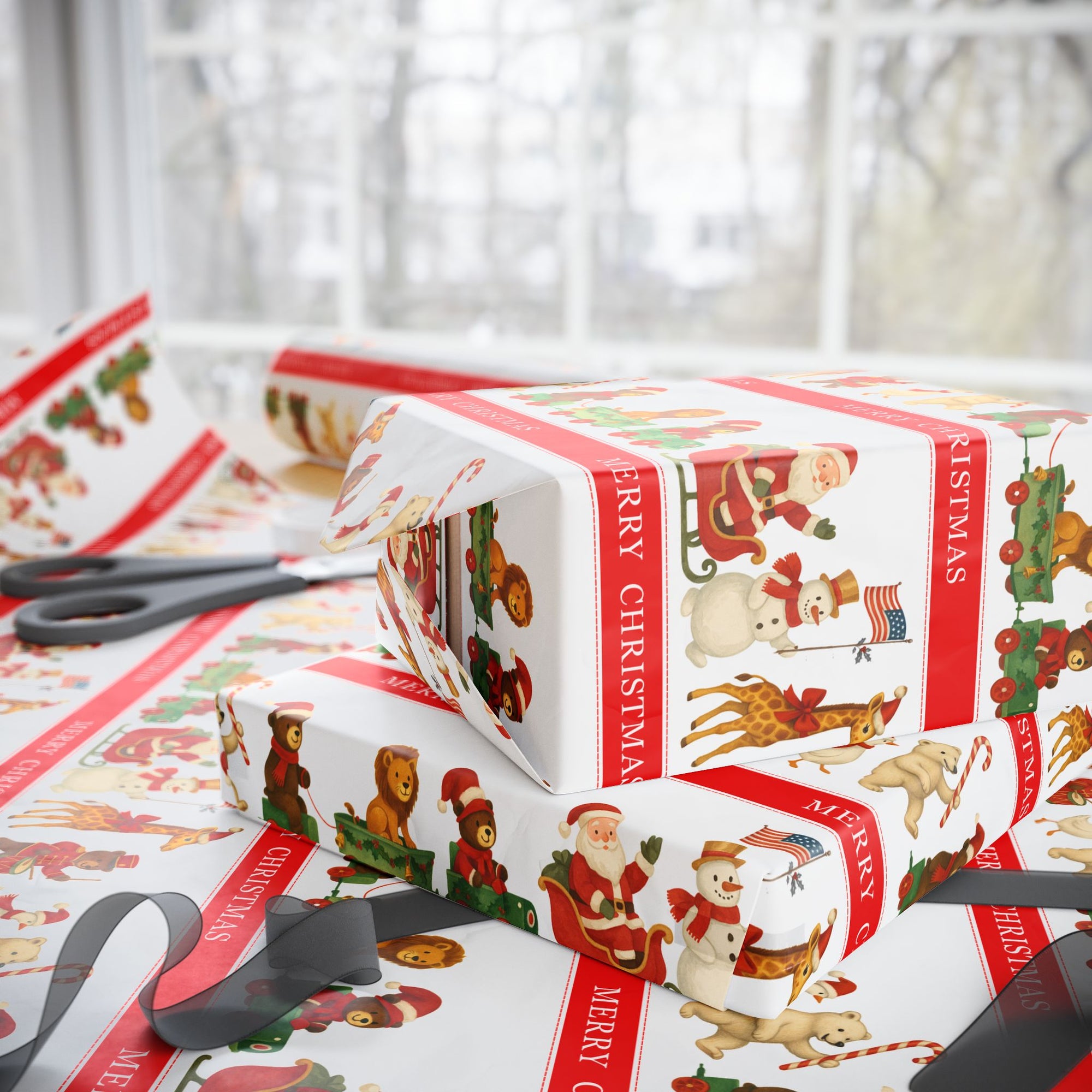 Roll of Christmas-themed wrapping paper with Santa Claus, giraffe, polar bear, snowman and reindeer parade.