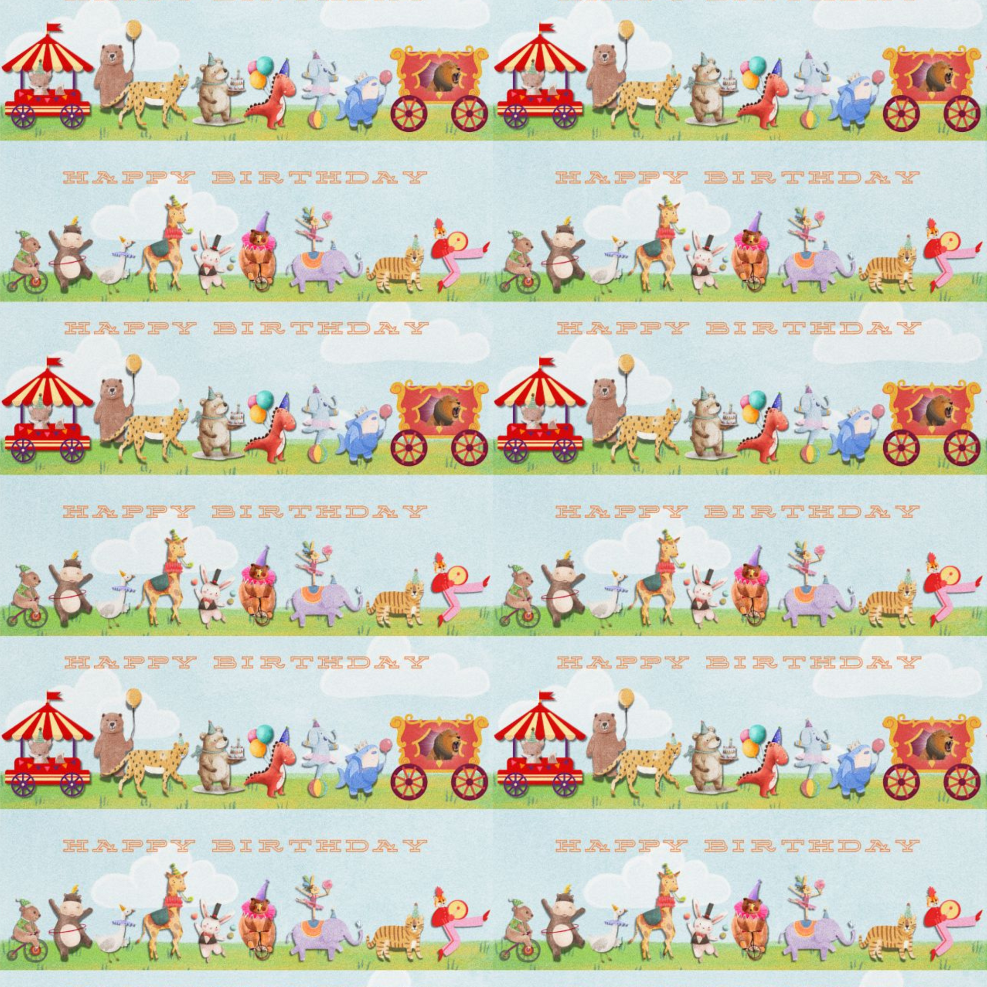 Birthday wrapping paper with circus animals like elephants, tigers, and monkeys, sharks, lions, dinosaurs and giraffes.