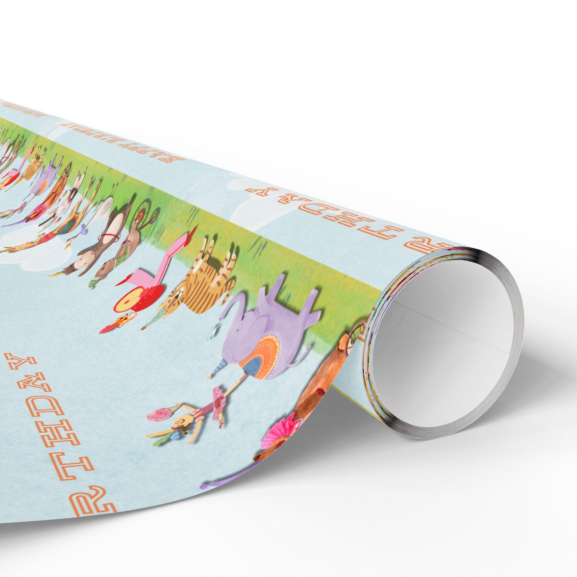 Birthday wrapping paper with circus animals like elephants, tigers, and monkeys.