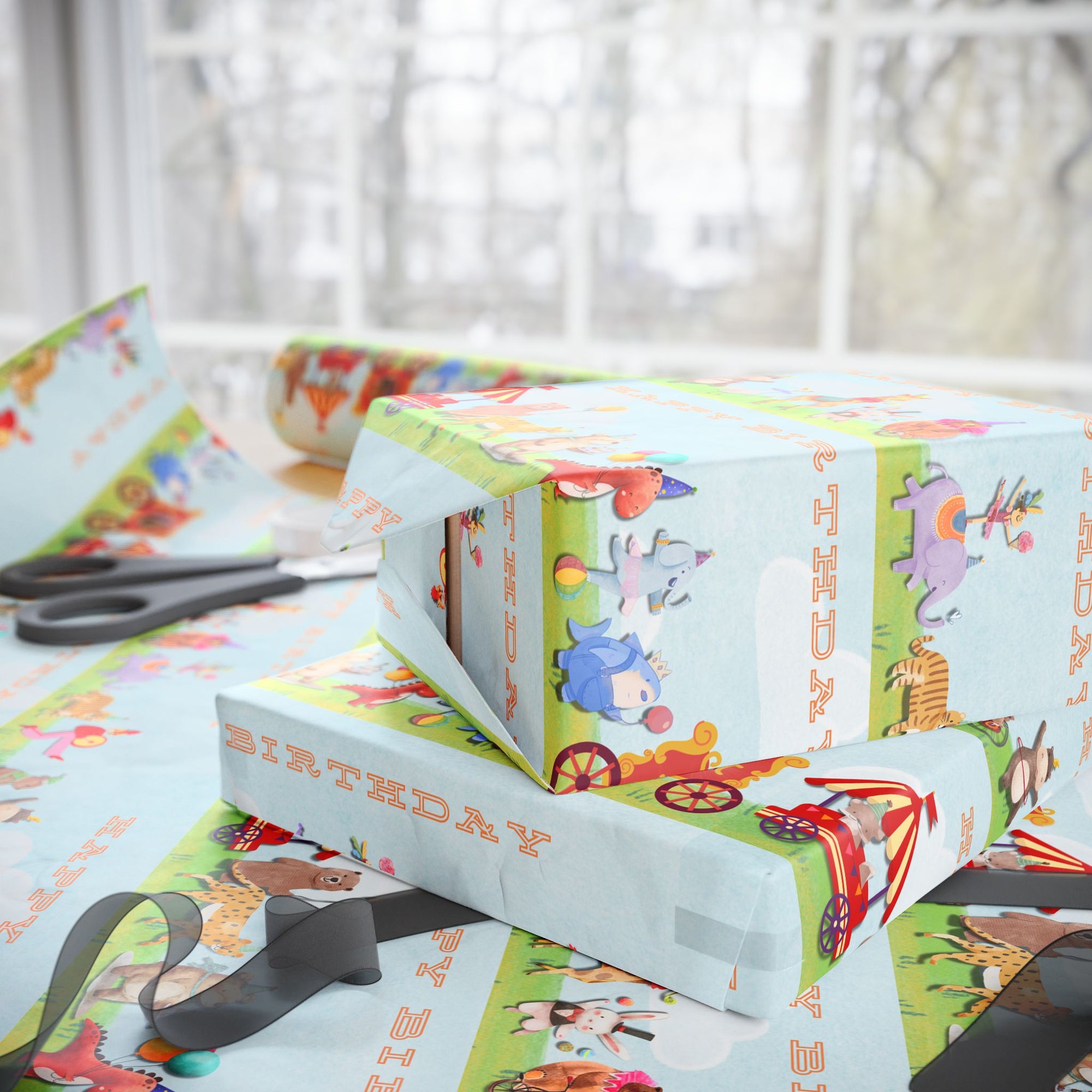 Birthday wrapping paper with circus animals like elephants, tigers, and sharks.