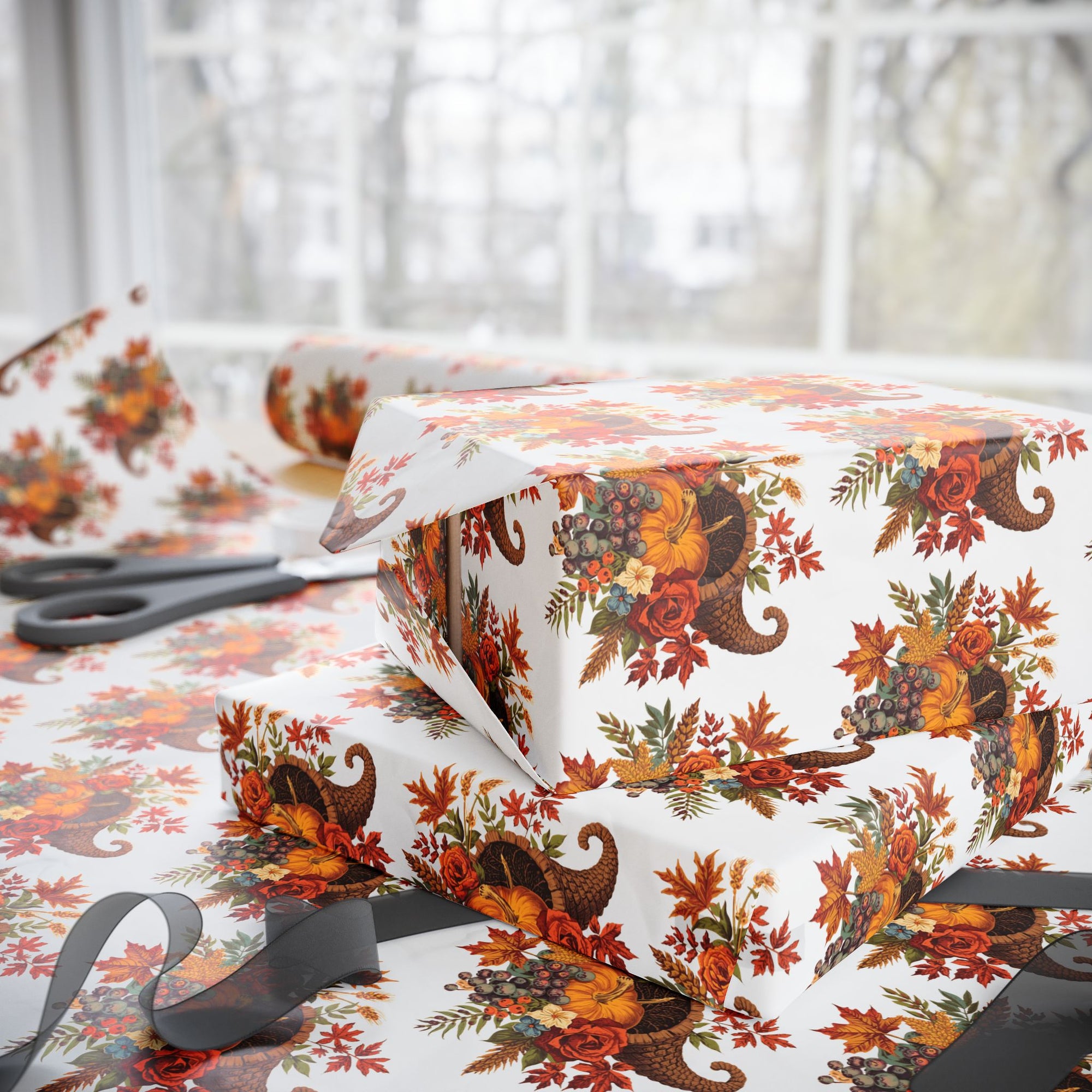 Vintage Cornucopia Thanksgiving Wrapping Paper featuring pumpkins, wheat, and roses in warm fall colors.