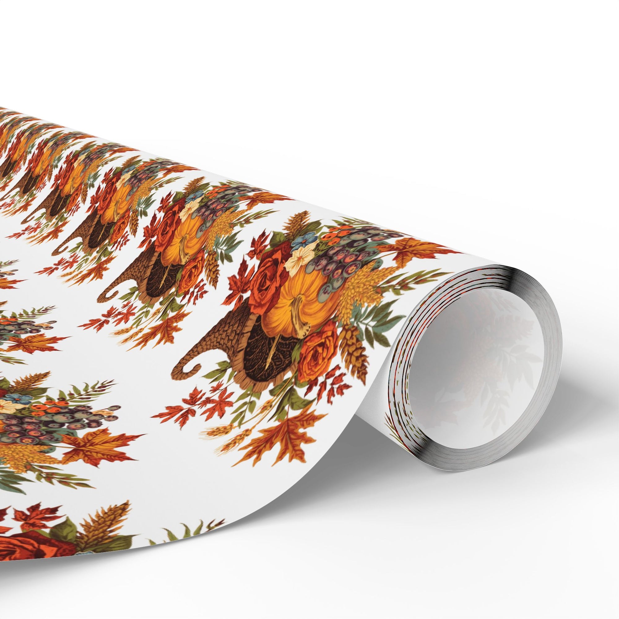 Vintage Cornucopia Thanksgiving Wrapping Paper roll featuring pumpkins, wheat, and roses in warm fall colors