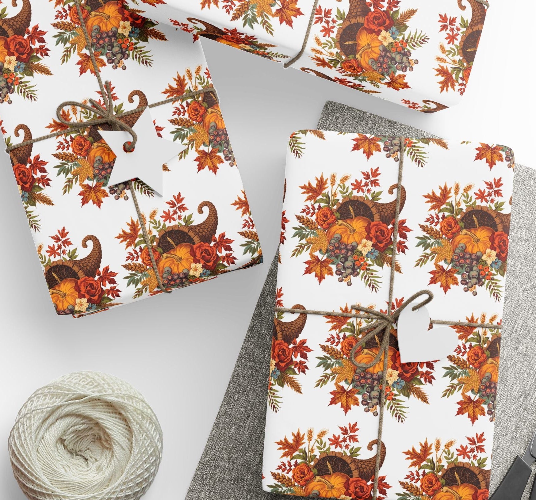 Vintage Cornucopia Thanksgiving Wrapping Paper featuring pumpkins, wheat, and roses in warm fall colors.