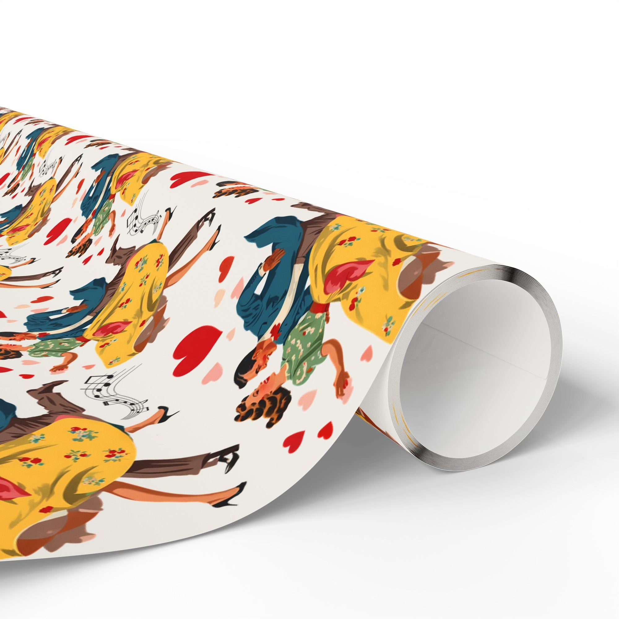 Roll of decorative paper with colorful dancing couple pattern on a white background.